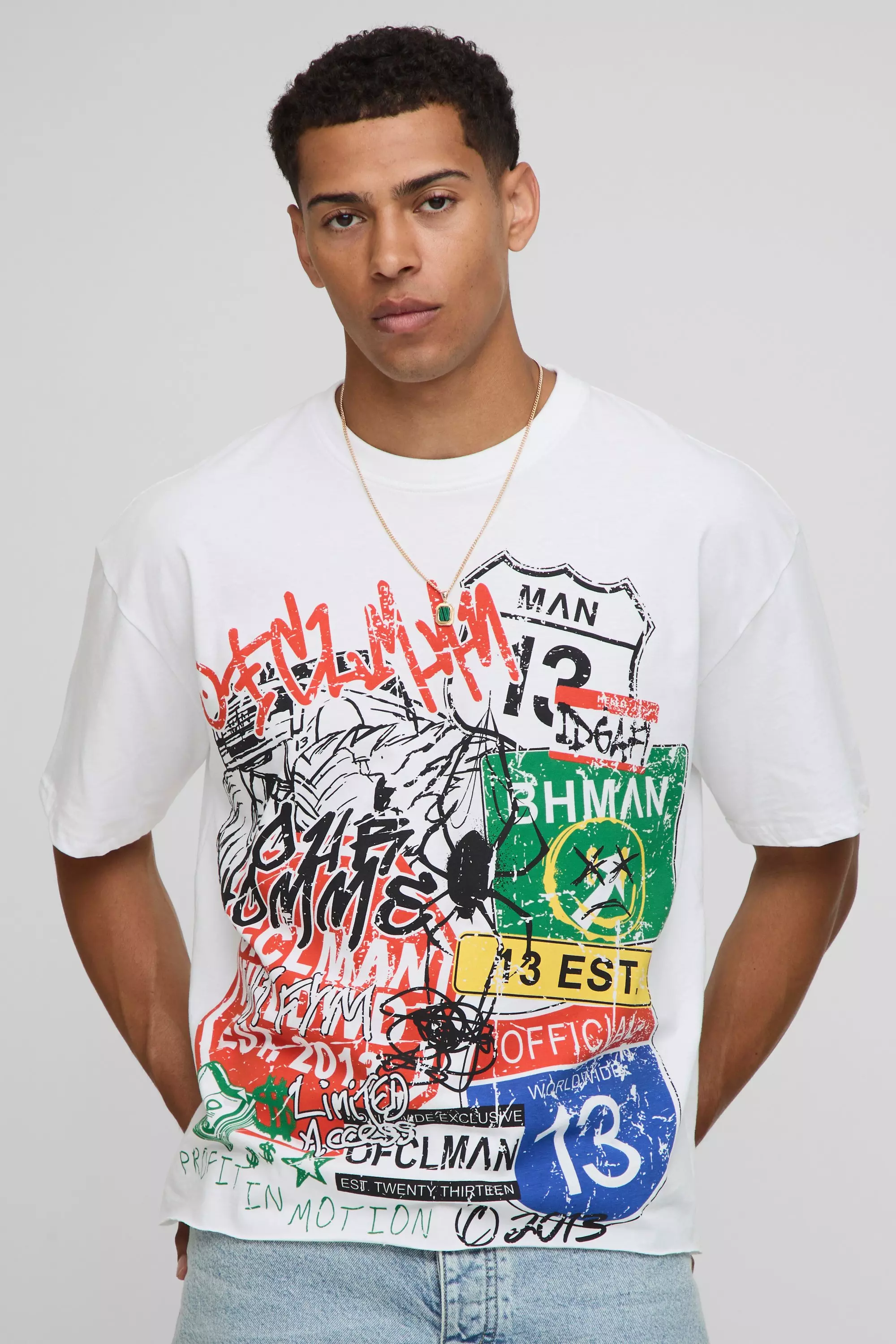 White Oversized Boxy Raw Hem Graffiti Print T-Shirt | boohooMAN USA