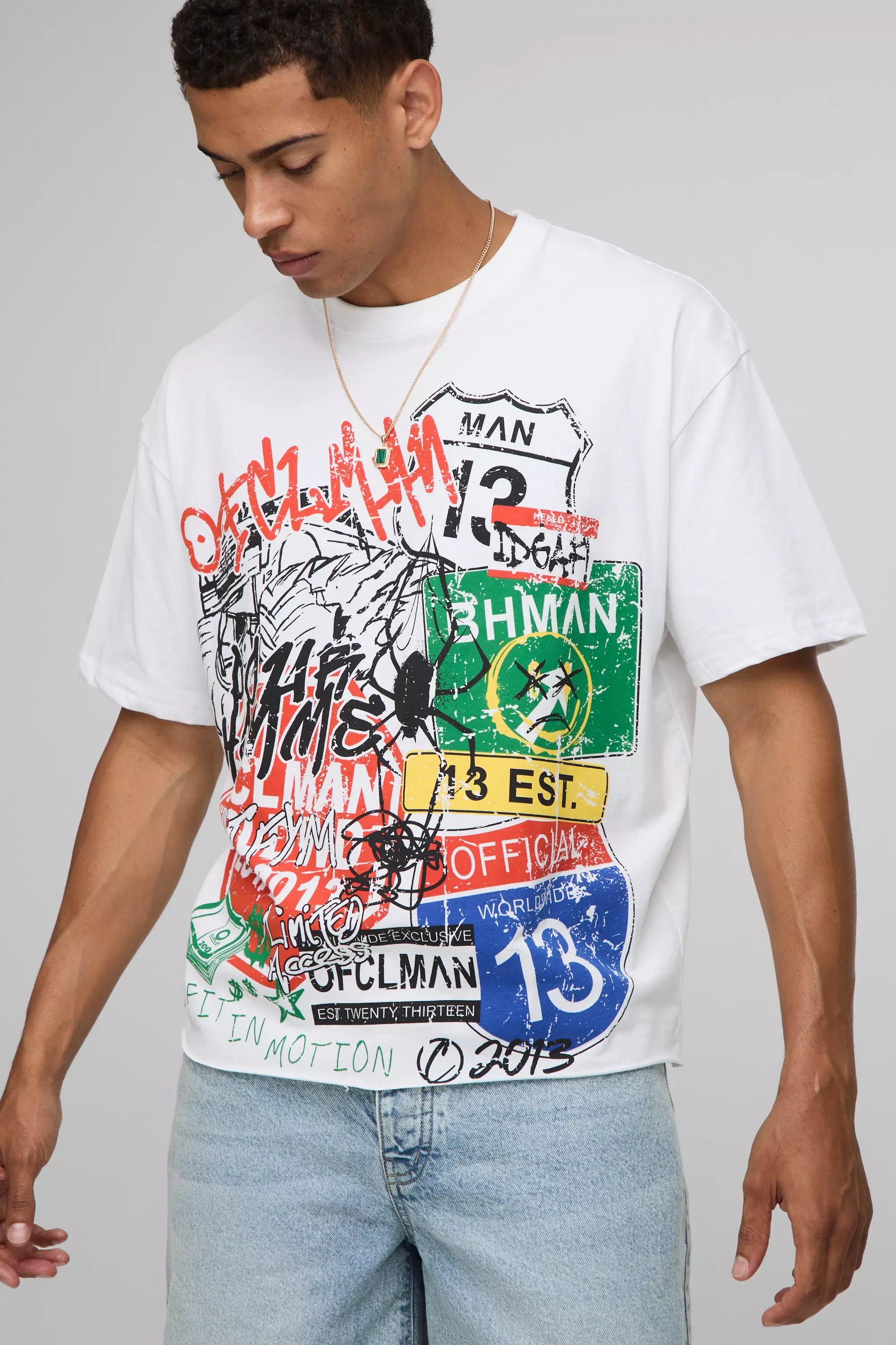 White Oversized Boxy Raw Hem Graffiti Print T-Shirt | boohooMAN USA