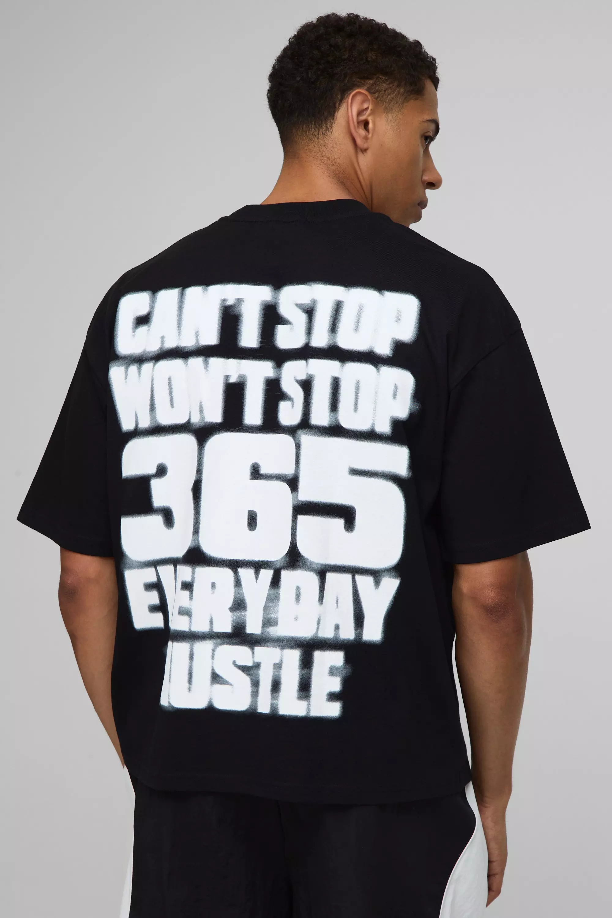 Black Oversized Boxy Extended Neck 365 Hustle Graphic T-Shirt | boohooMAN USA