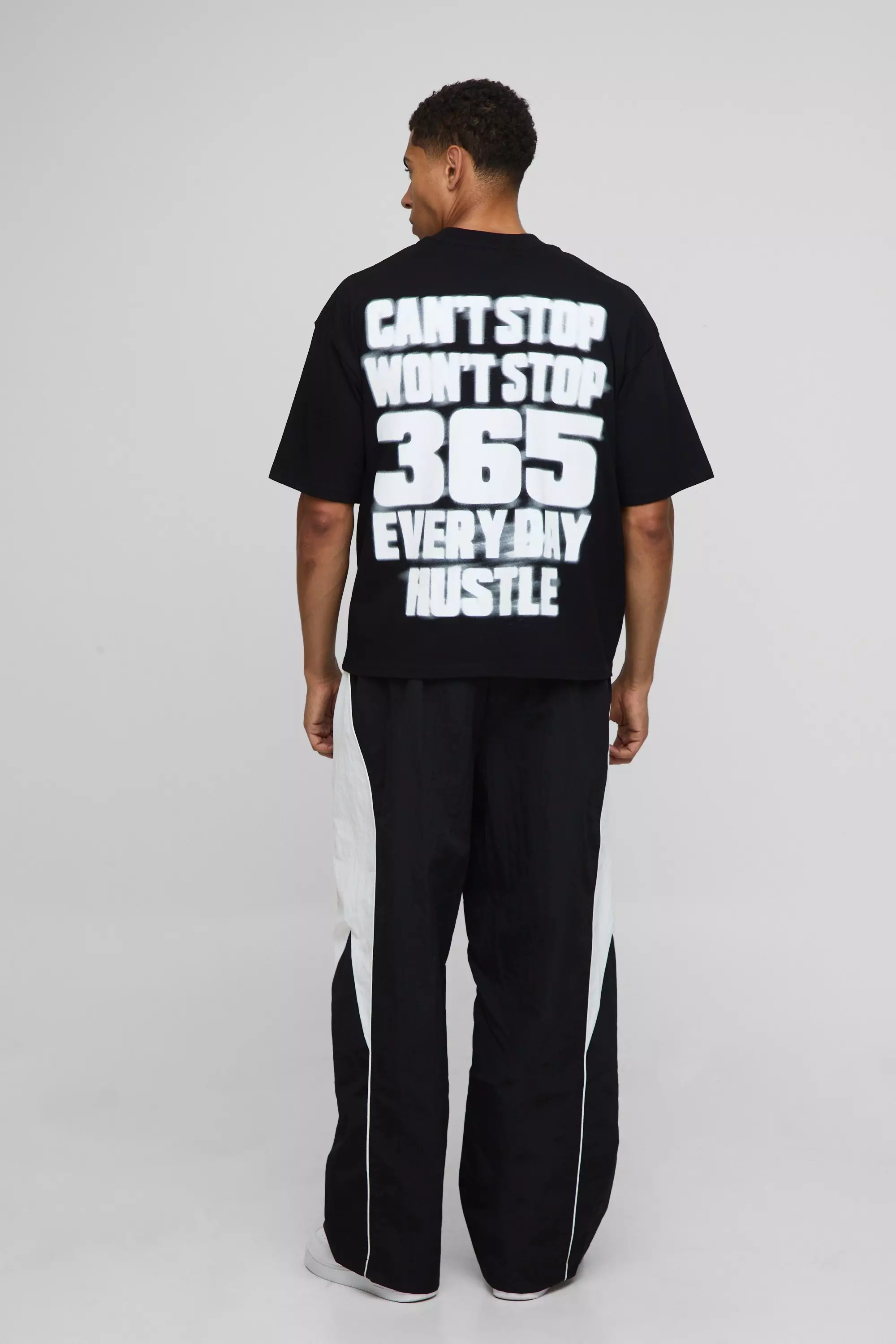 Black Oversized Boxy Extended Neck 365 Hustle Graphic T-Shirt | boohooMAN USA