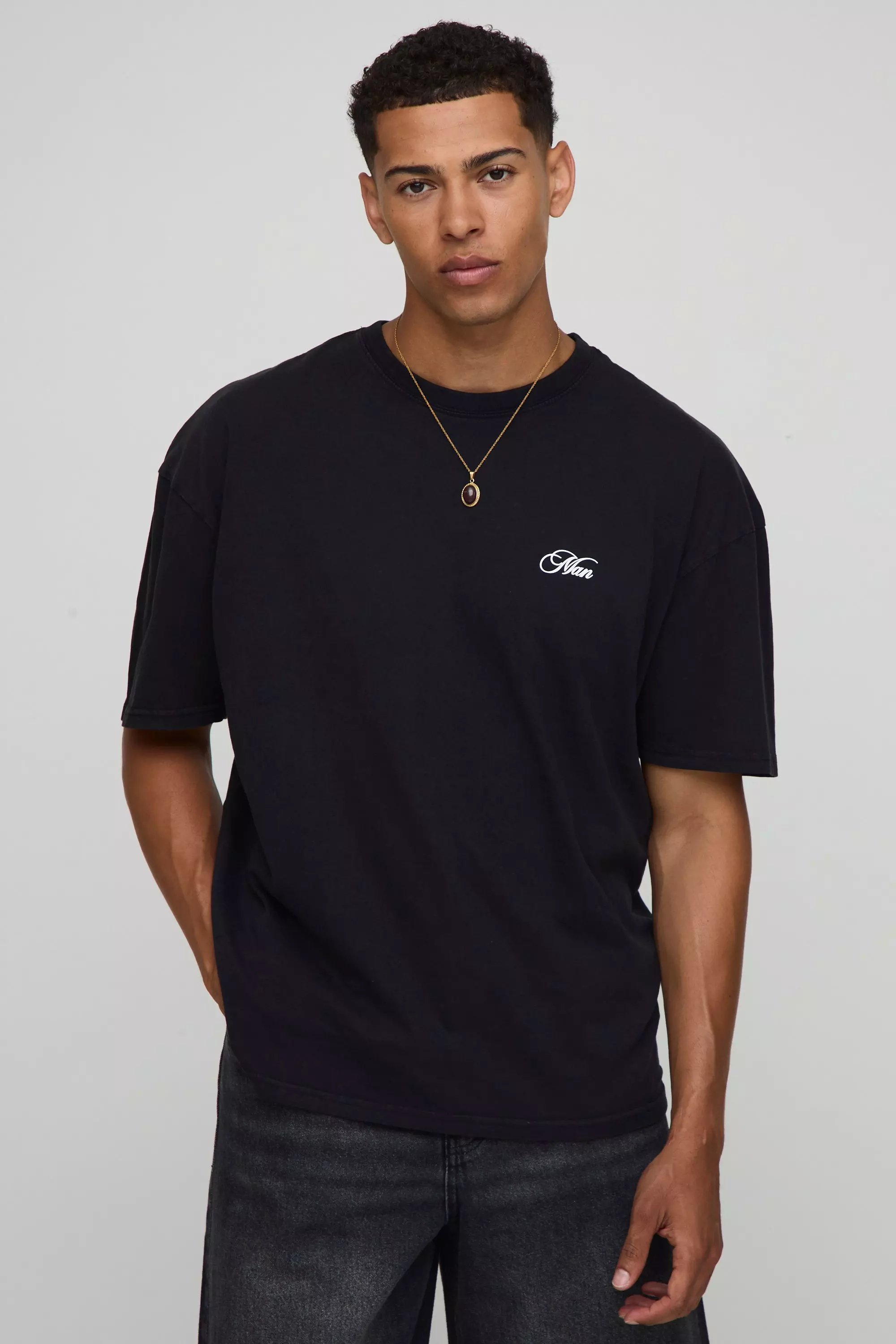 Washed Black Monaco Landscape Print T-Shirt | boohooMAN USA