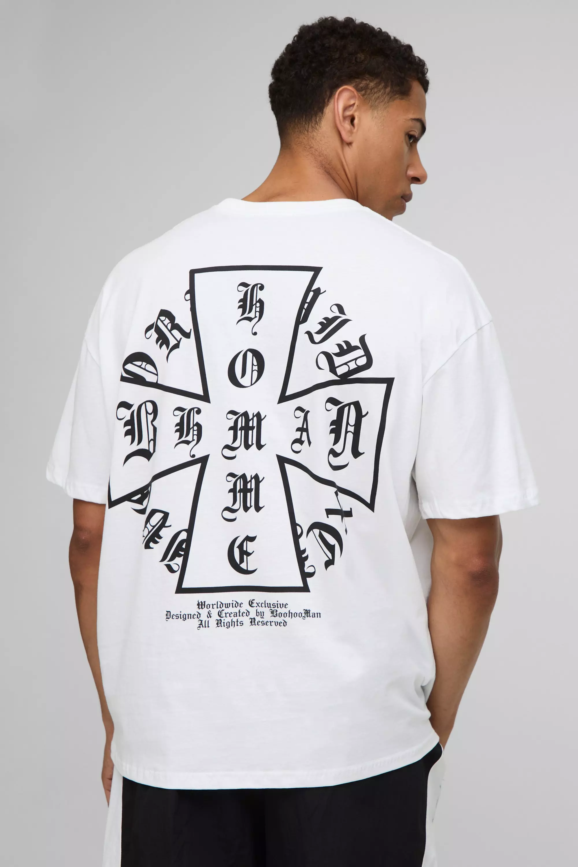 White Oversized Homme Cross Graphic T Shirt | boohooMAN USA