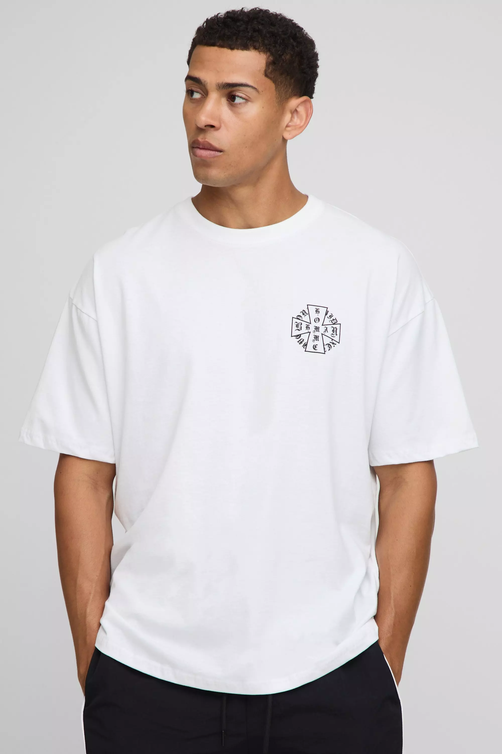 White Oversized Homme Cross Graphic T Shirt | boohooMAN USA