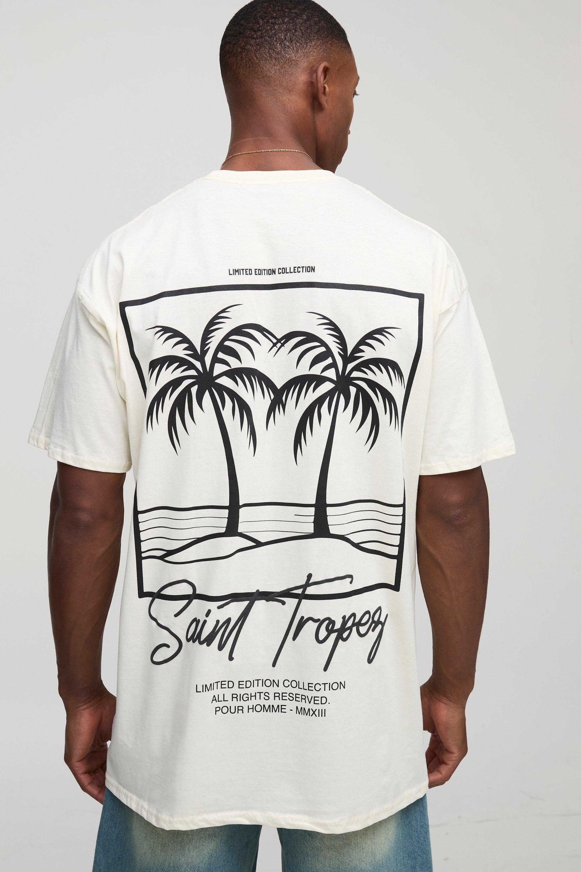 Ecru Oversized Saint Tropez Puff Print Line Drawn Palm Graphic T Shirt | boohooMAN USA