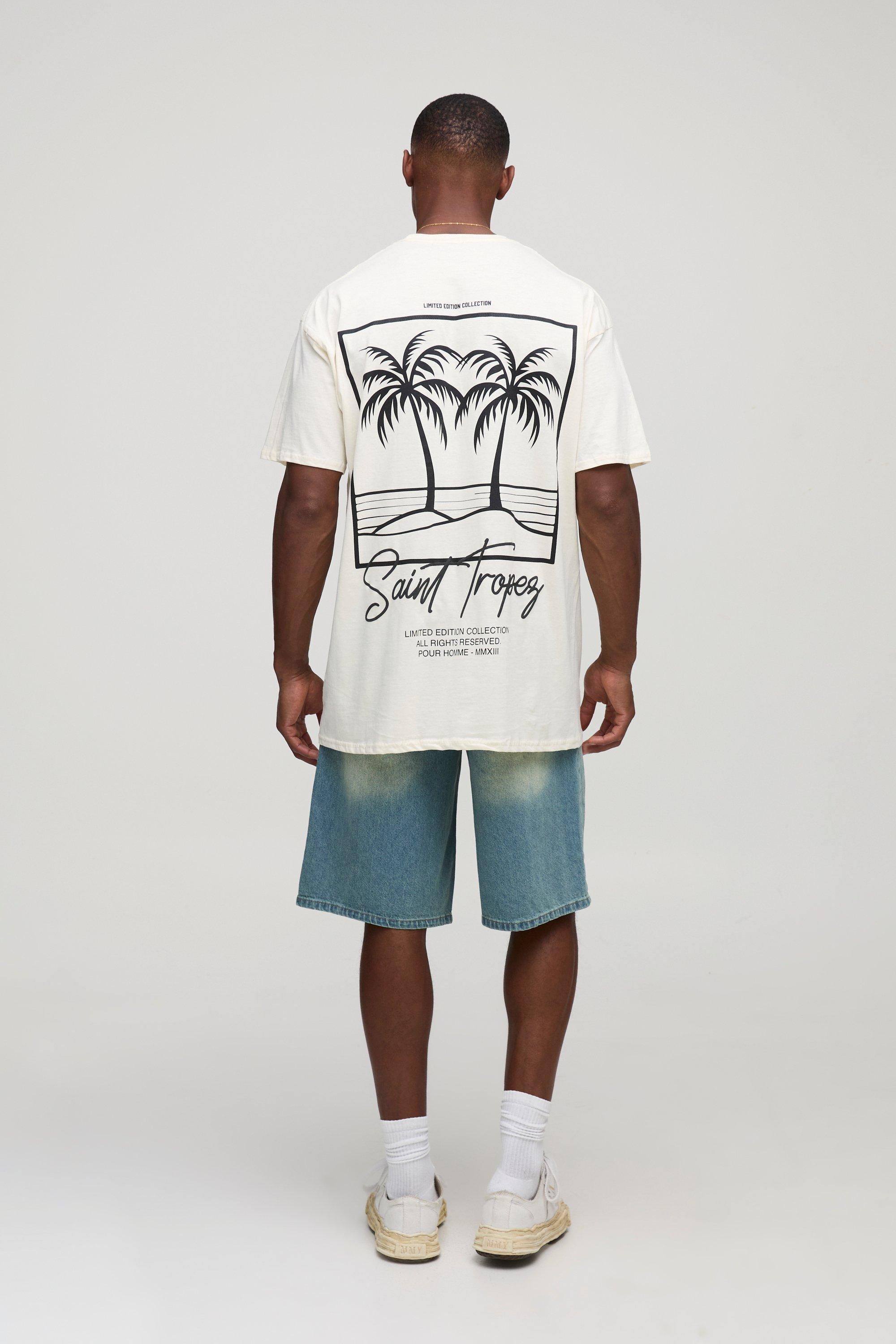 Ecru Oversized Saint Tropez Puff Print Line Drawn Palm Graphic T Shirt | boohooMAN USA
