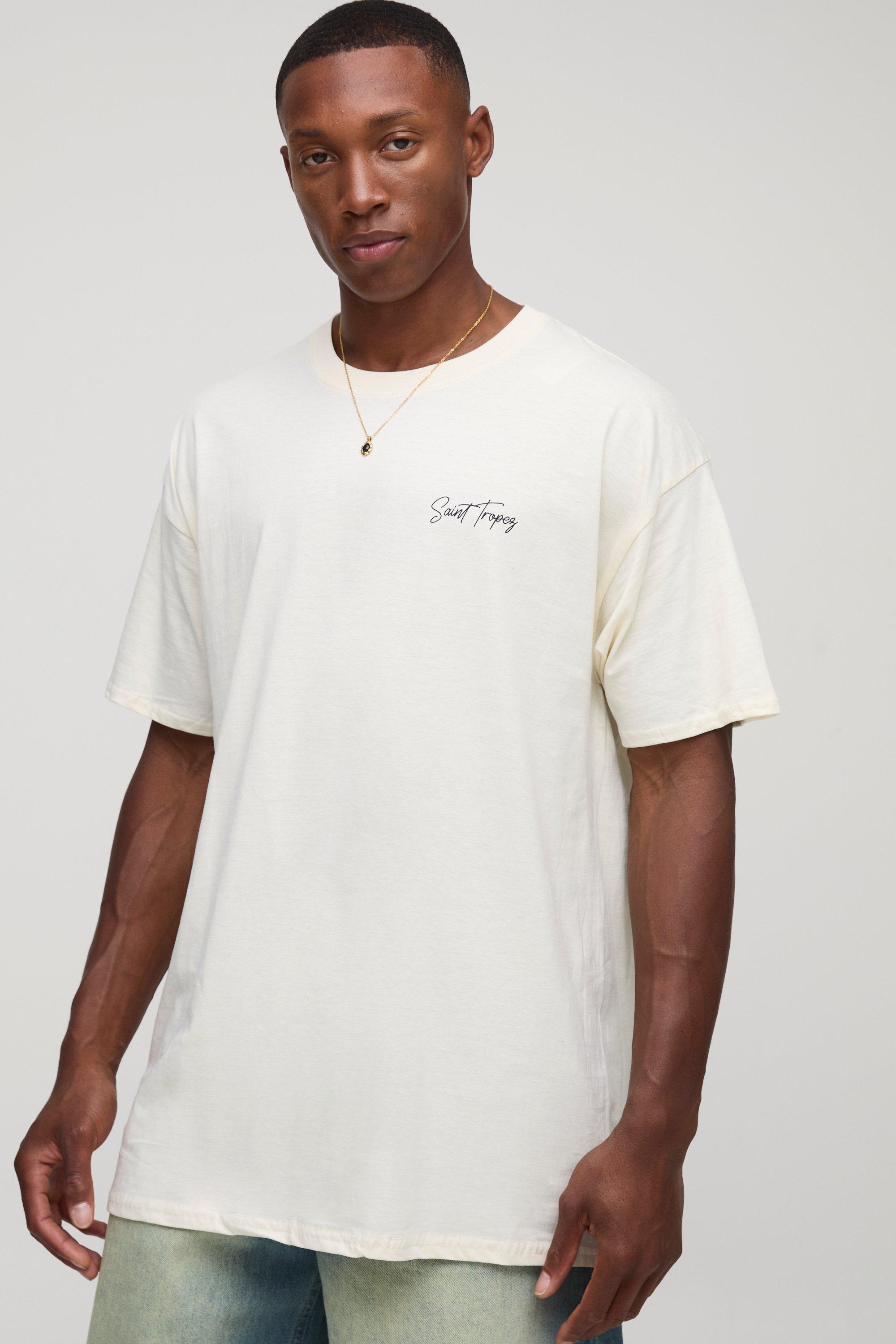 Ecru Oversized Saint Tropez Puff Print Line Drawn Palm Graphic T Shirt | boohooMAN USA
