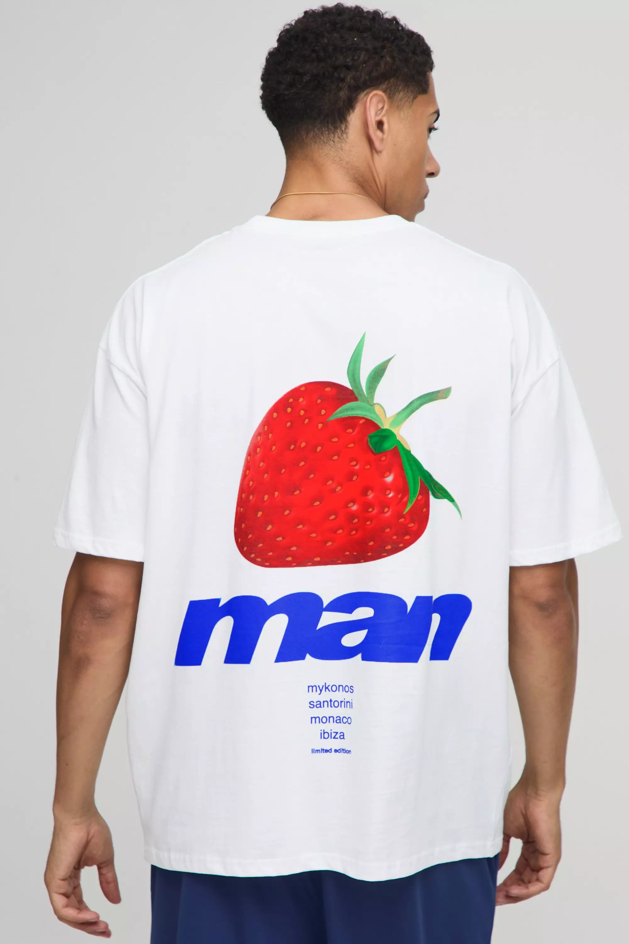 White Oversized Strawberry Printed T-Shirt | boohooMAN USA