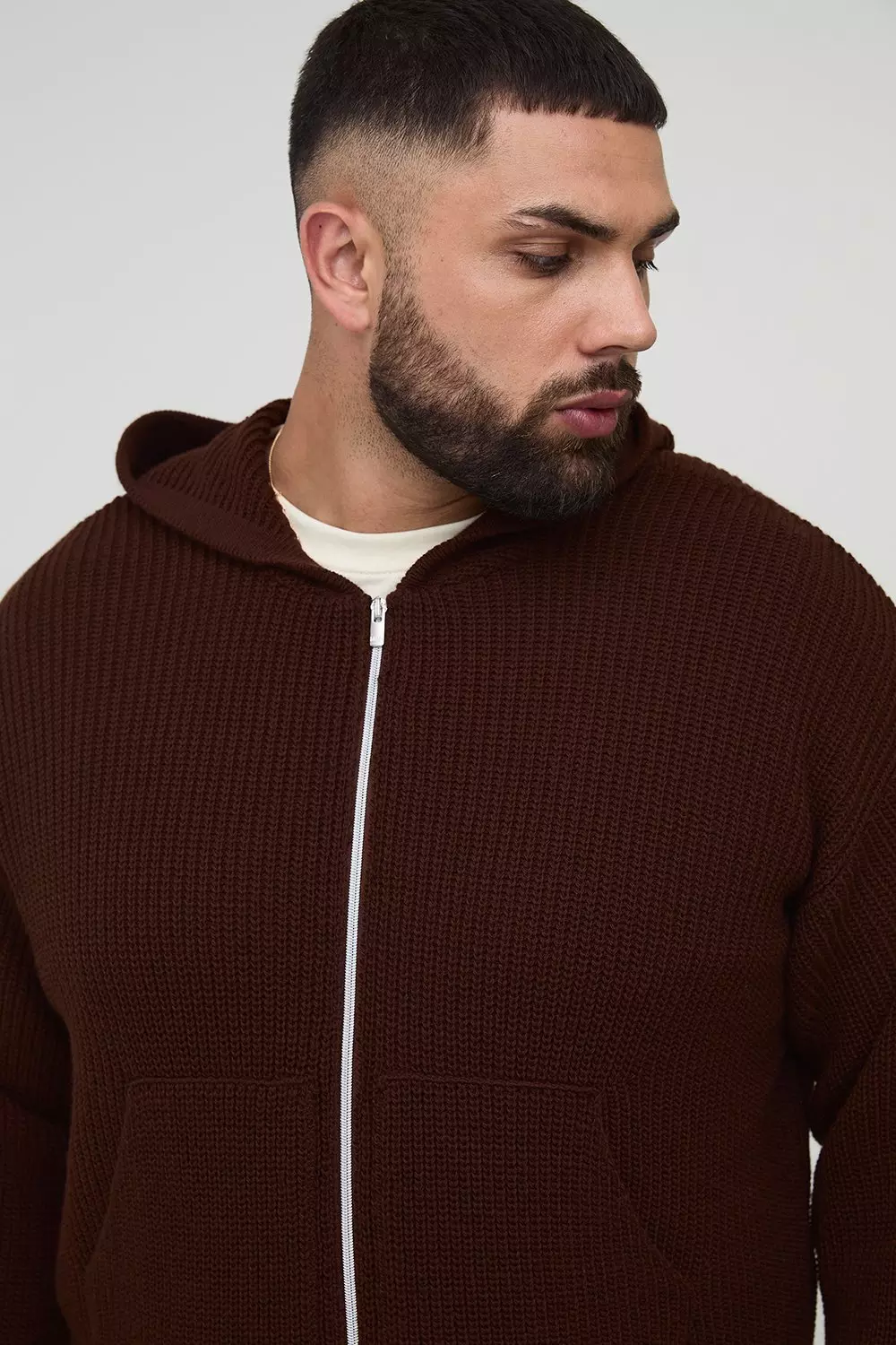 Plus Boxy Fit Ribbed Knitted Hoodie | boohooMAN UK