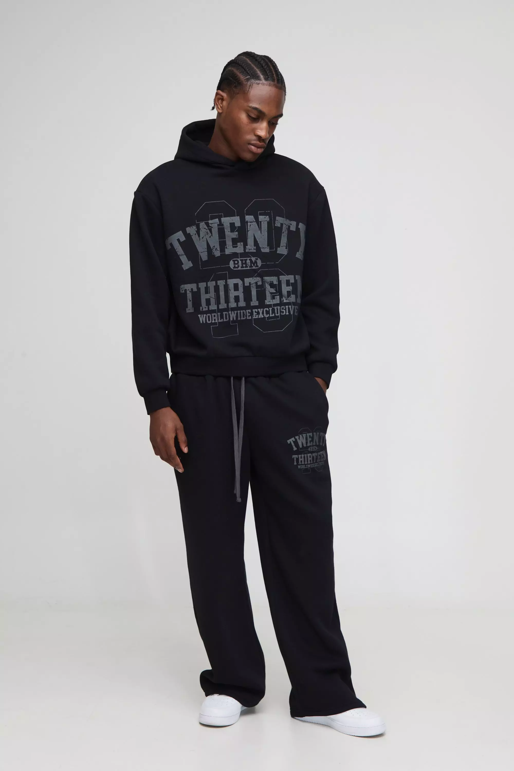 Oversized Boxy Varsity Zip Through Hooded Wide Leg Tracksuit | boohooMAN USA