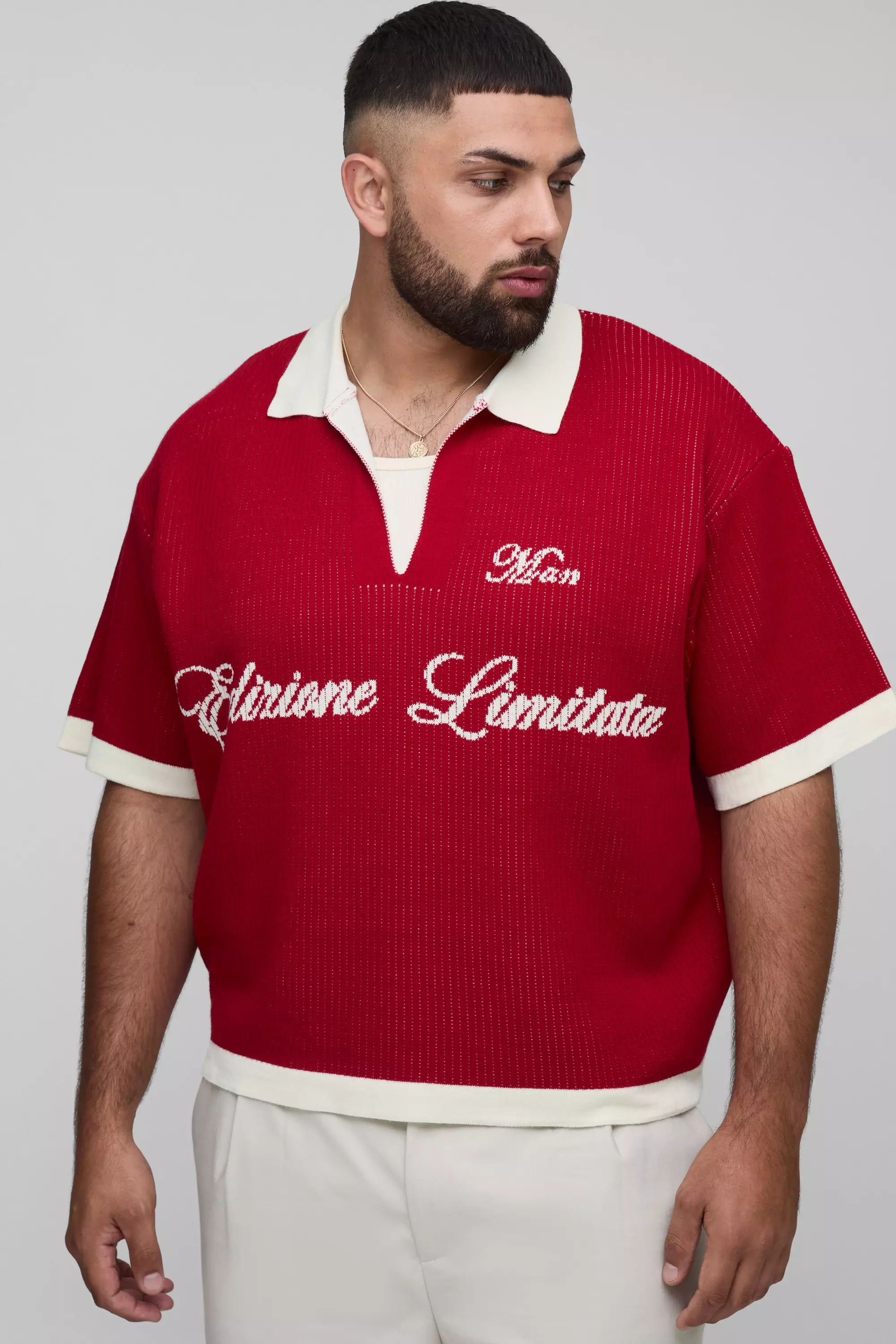 Plus MAN Oversized Boxy Rib Knitted Polo | boohooMAN USA