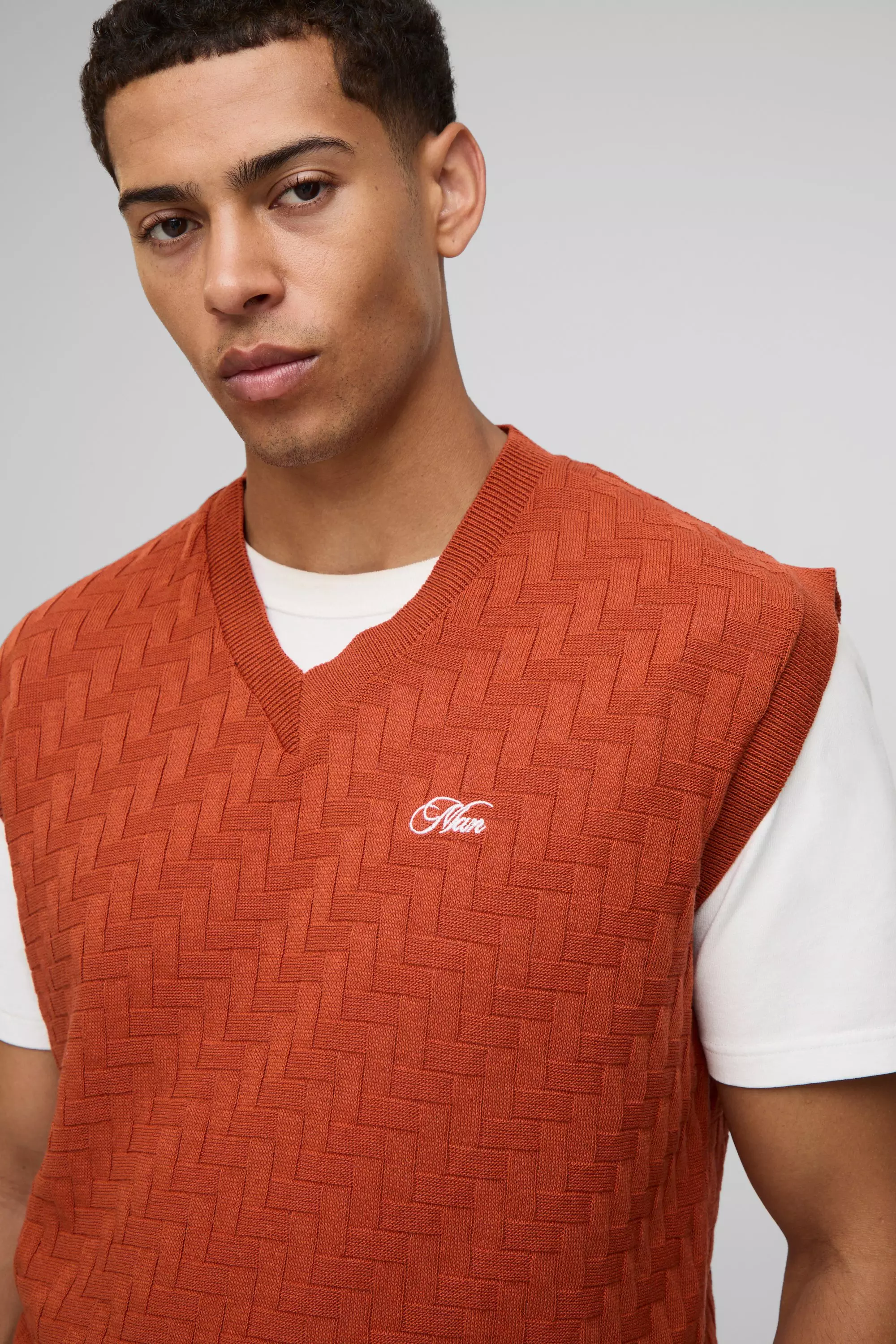 MAN Embroidered Oversized V Neck Rib Knitted Sweater Vest | boohooMAN UK