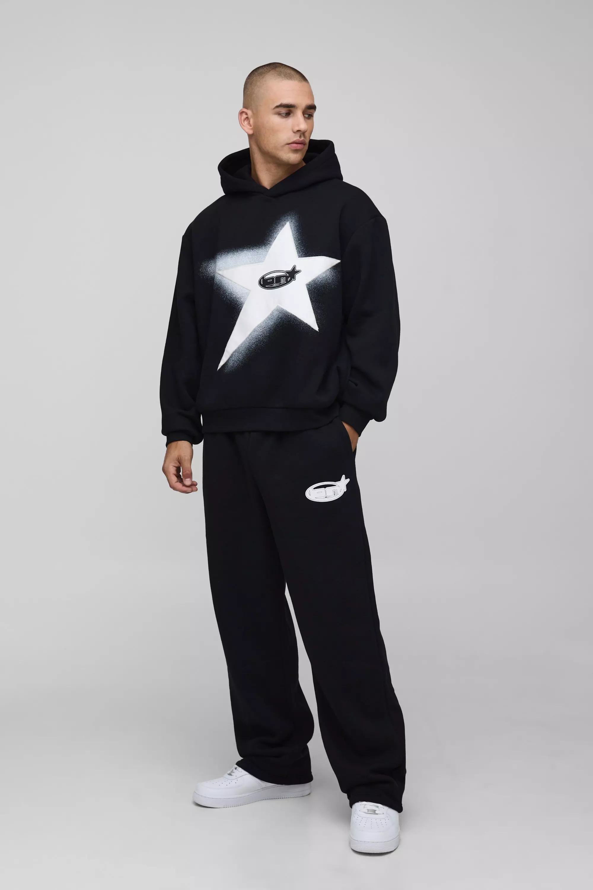 Oversized Boxy BM Star Applique Hooded Tracksuit | boohooMAN USA