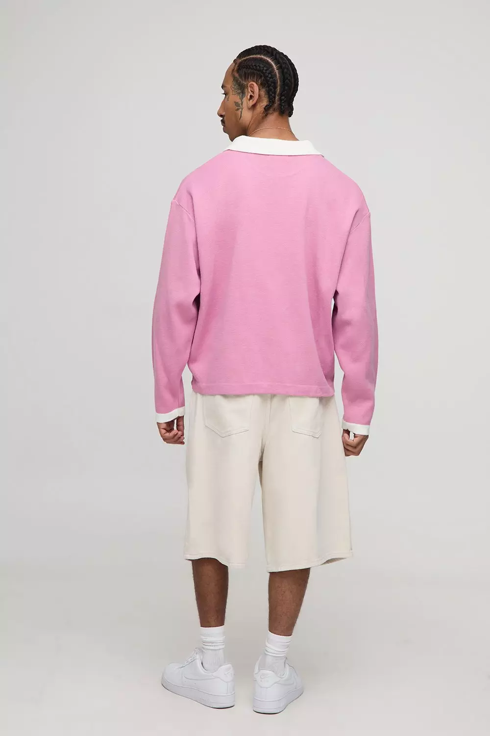 Oversized Boxy Long Sleeve Football Knitted Polo | boohooMAN USA