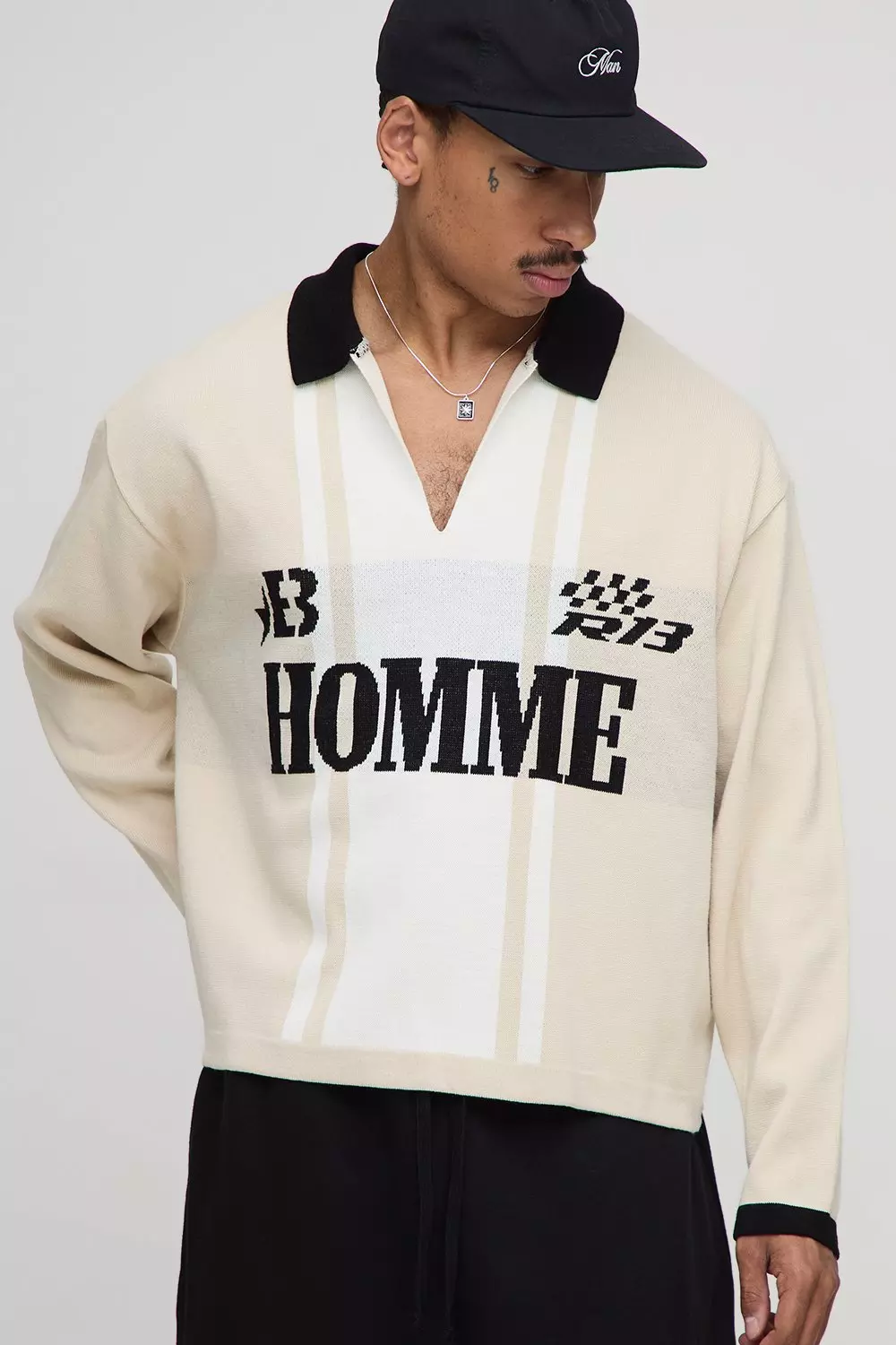 Oversized Boxy Long Sleeve Football Knitted Polo | boohooMAN USA