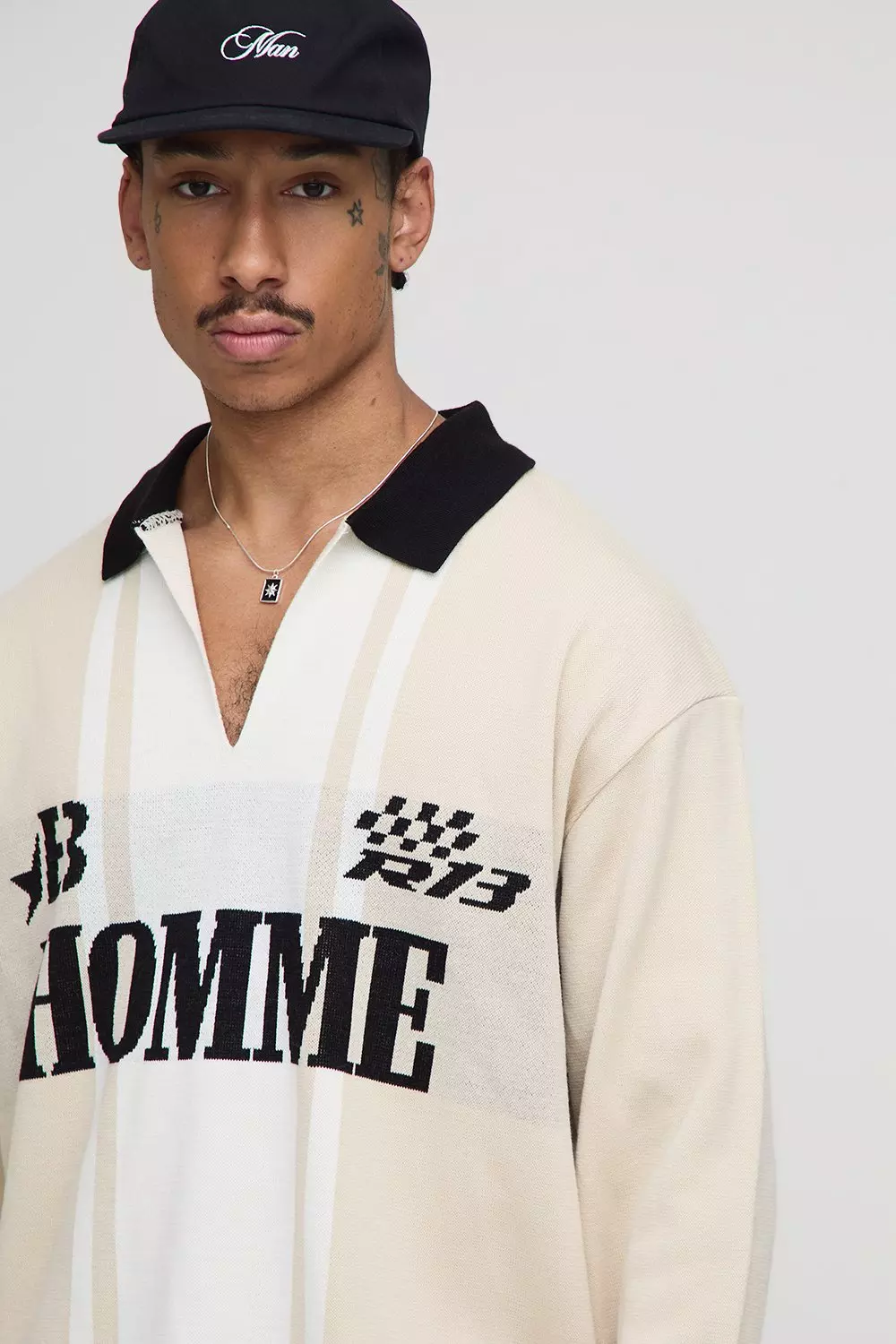 Oversized Boxy Long Sleeve Football Knitted Polo | boohooMAN USA