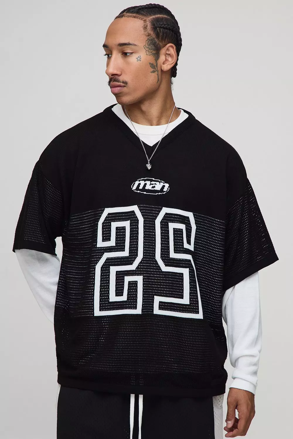 Oversized Faux Sleeve Open Stitch Varsity Hockey Knitted T-Shirt | boohooMAN USA