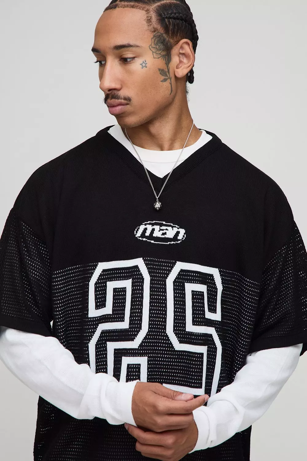 Oversized Faux Sleeve Open Stitch Varsity Hockey Knitted T-Shirt | boohooMAN USA