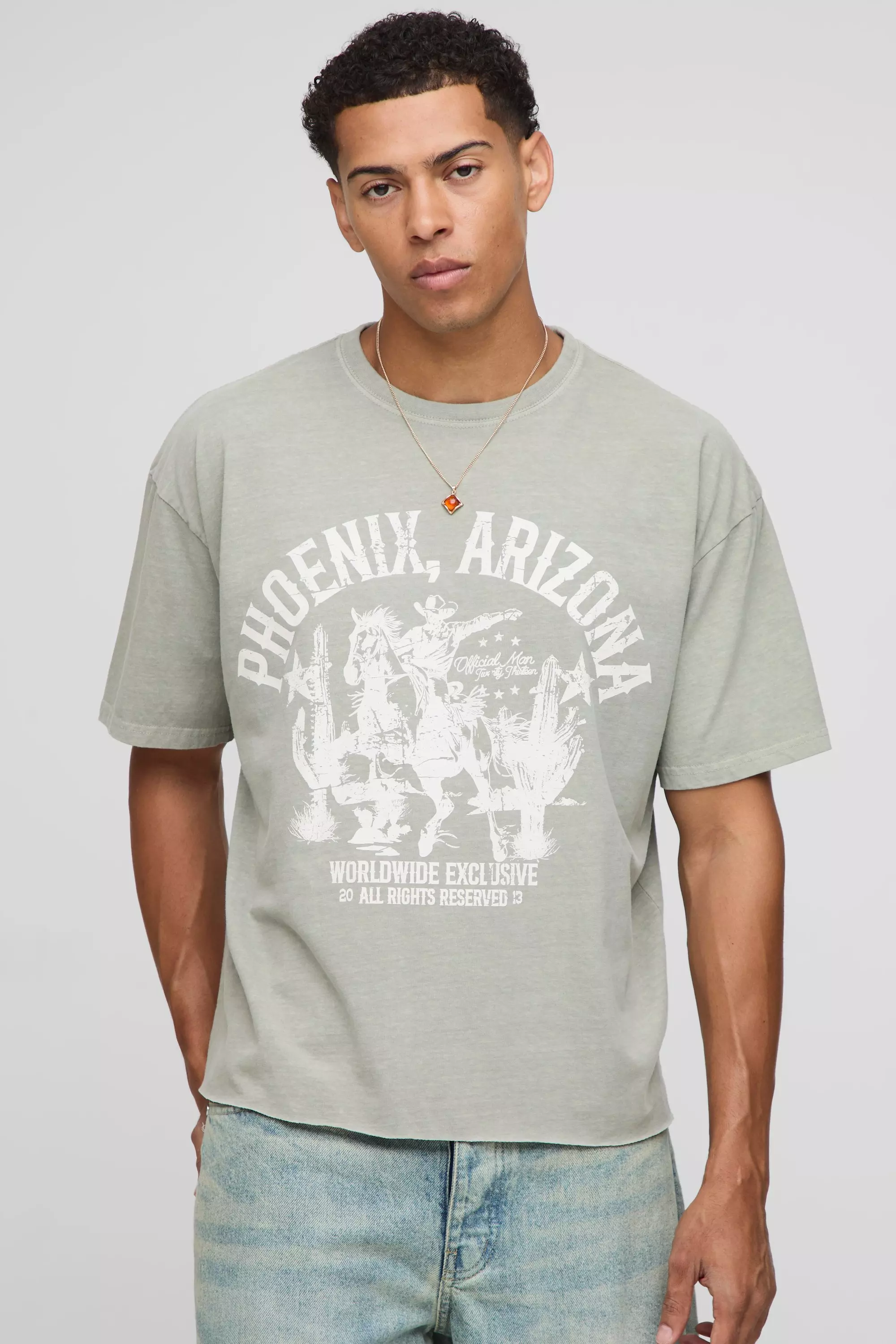 Tシャツ・カットソー MARKET SS23 T-SHIRT WITH LOGO (399001350_SAND) Khaki Oversized Boxy Raw Hem Phoenix Washed Western T-shirt