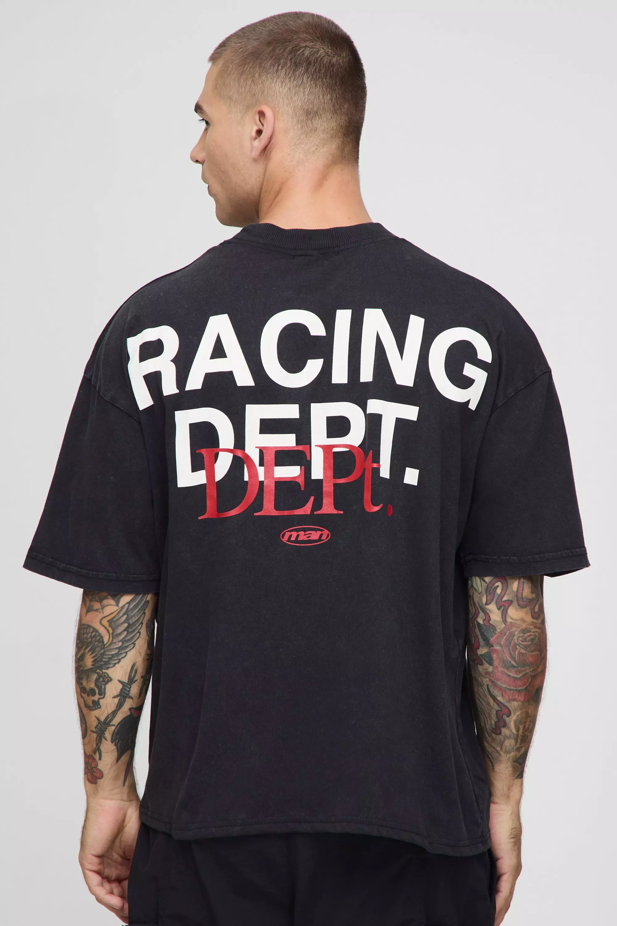 Oversized Boxy Extended Neck Racing Dept Washed T-Shirt | boohooMAN USA