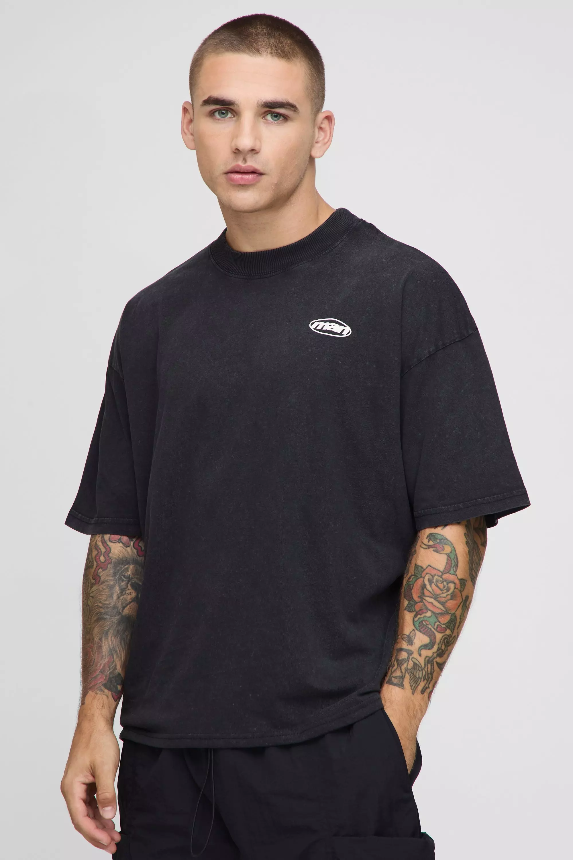 Oversized Boxy Extended Neck Racing Dept Washed T-Shirt | boohooMAN USA