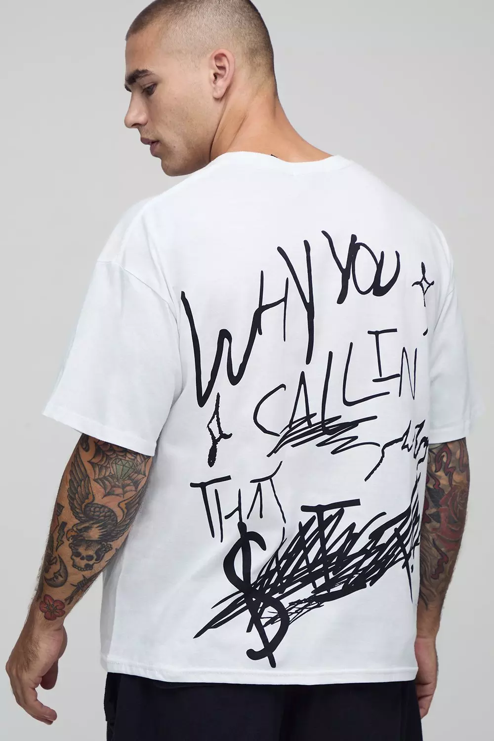 White Oversized Boxy Who's Calling Slogan T-Shirt | boohooMAN USA