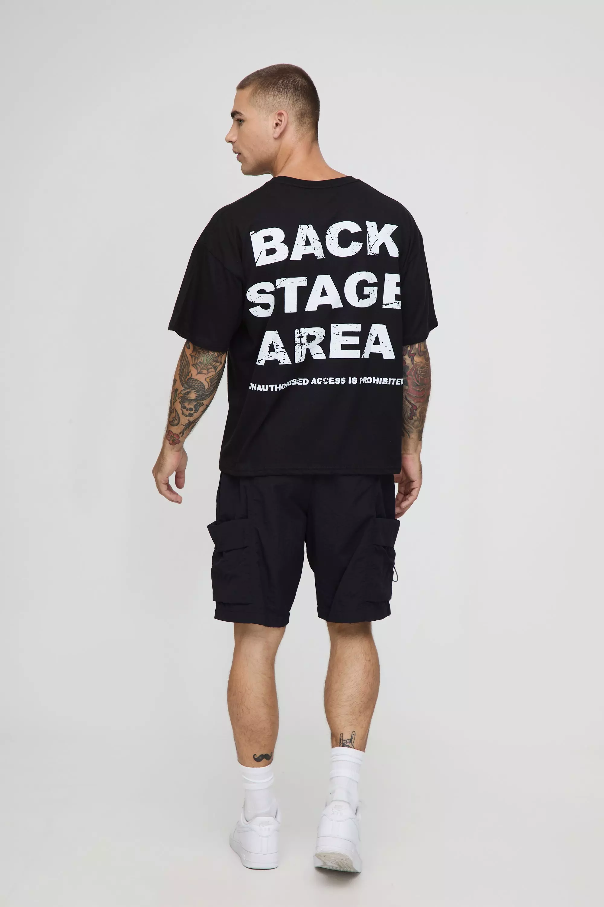 Black Oversized Boxy Backstage Slogan T-Shirt | boohooMAN USA