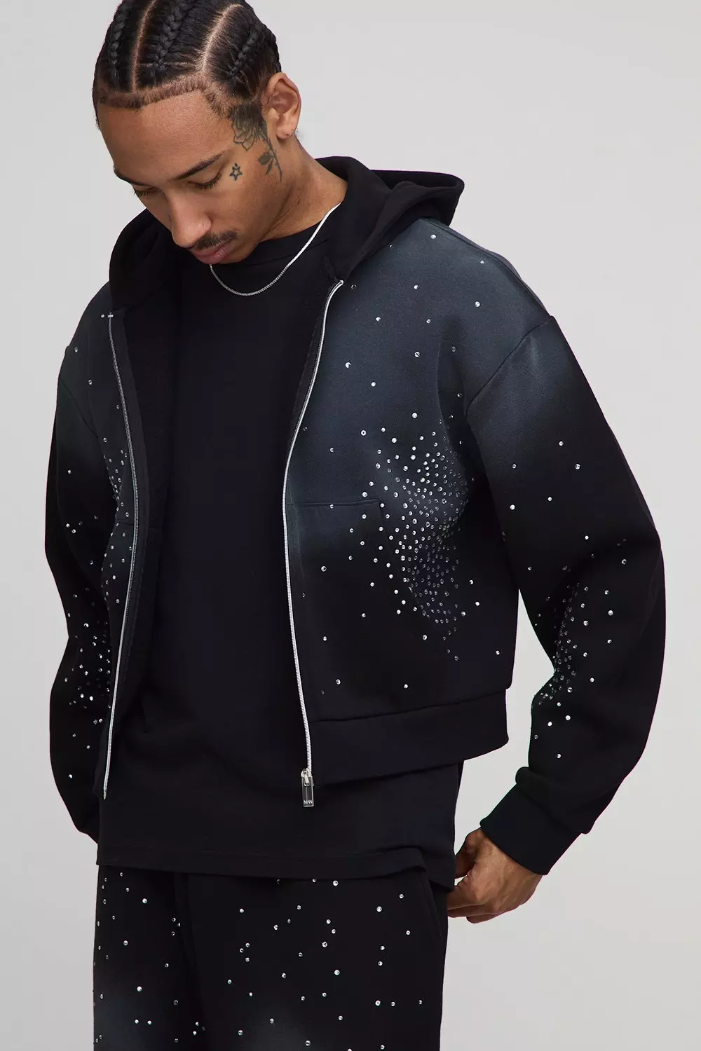 Shrunken Fit Rhinestone Washed Zip Through Hoodie | boohooMAN USA