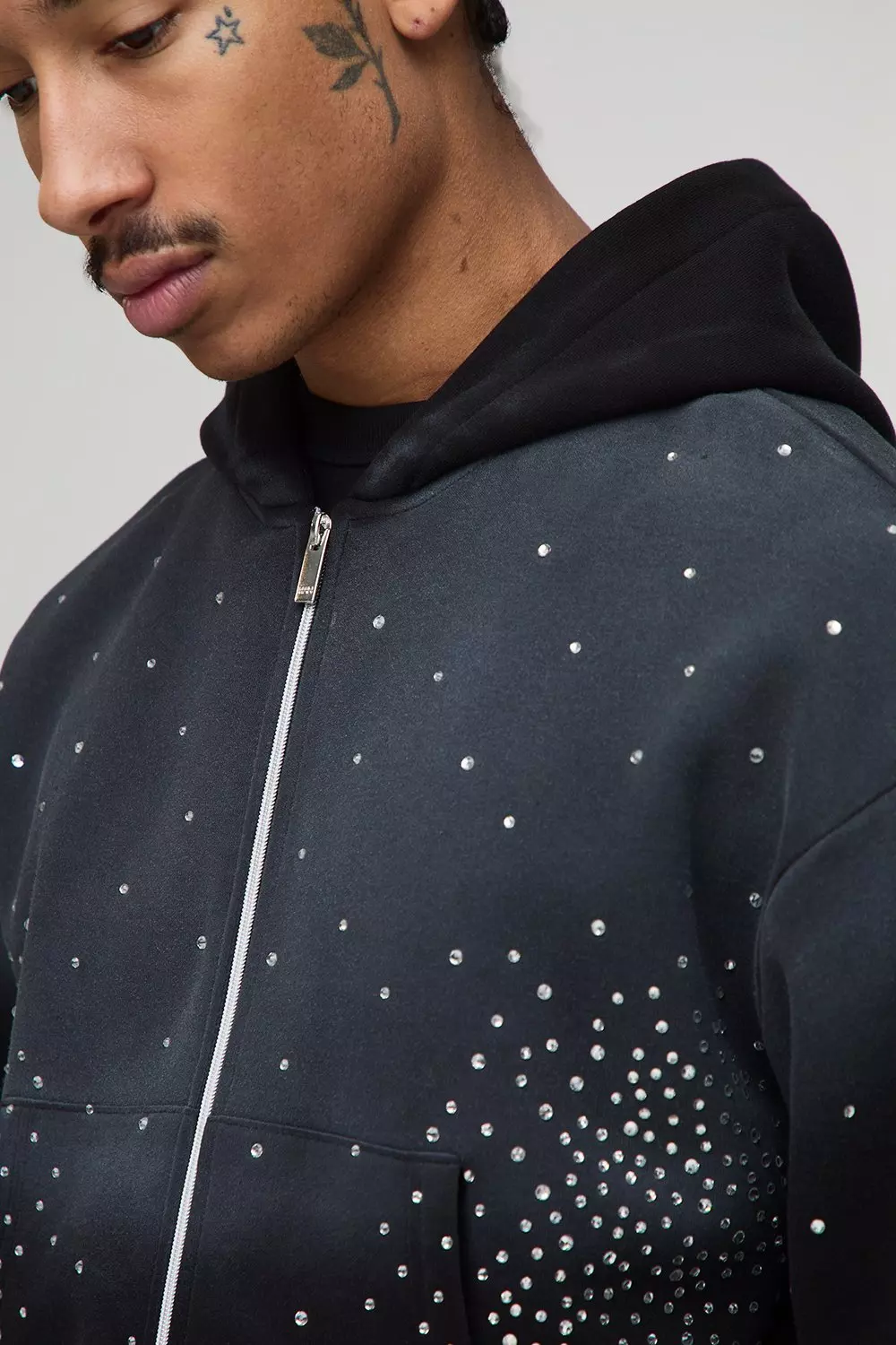 Shrunken Fit Rhinestone Washed Zip Through Hoodie | boohooMAN USA