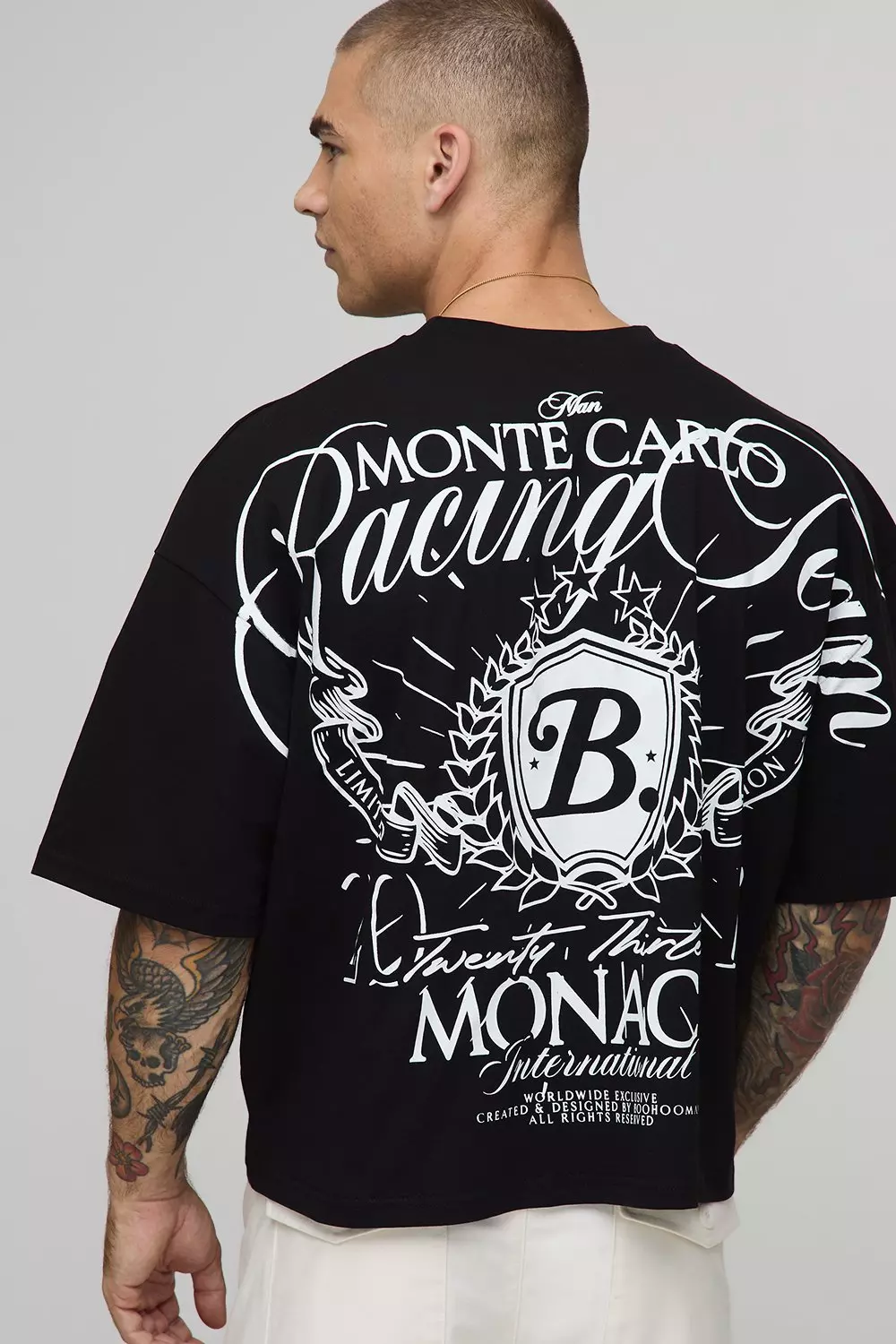 Black Oversized Shrunken Boxy Over Seam Racing Team Printed T-shirt | boohooMAN USA
