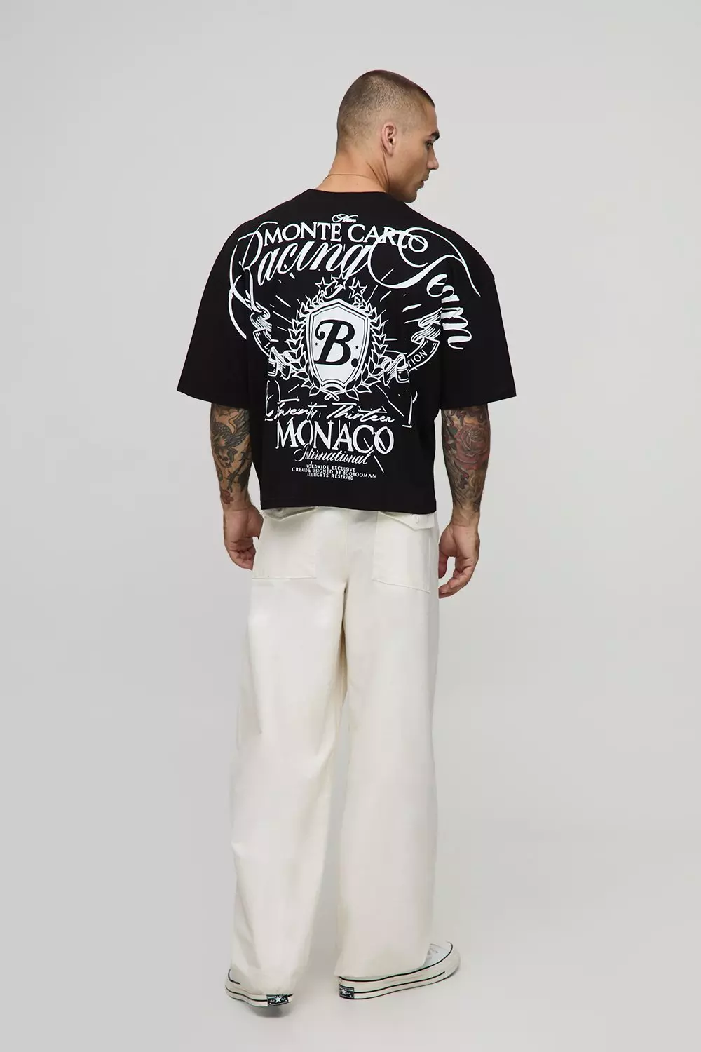 Black Oversized Shrunken Boxy Over Seam Racing Team Printed T-shirt | boohooMAN USA