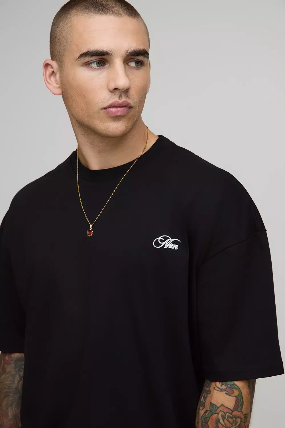 Black Oversized Shrunken Boxy Over Seam Racing Team Printed T-shirt | boohooMAN USA