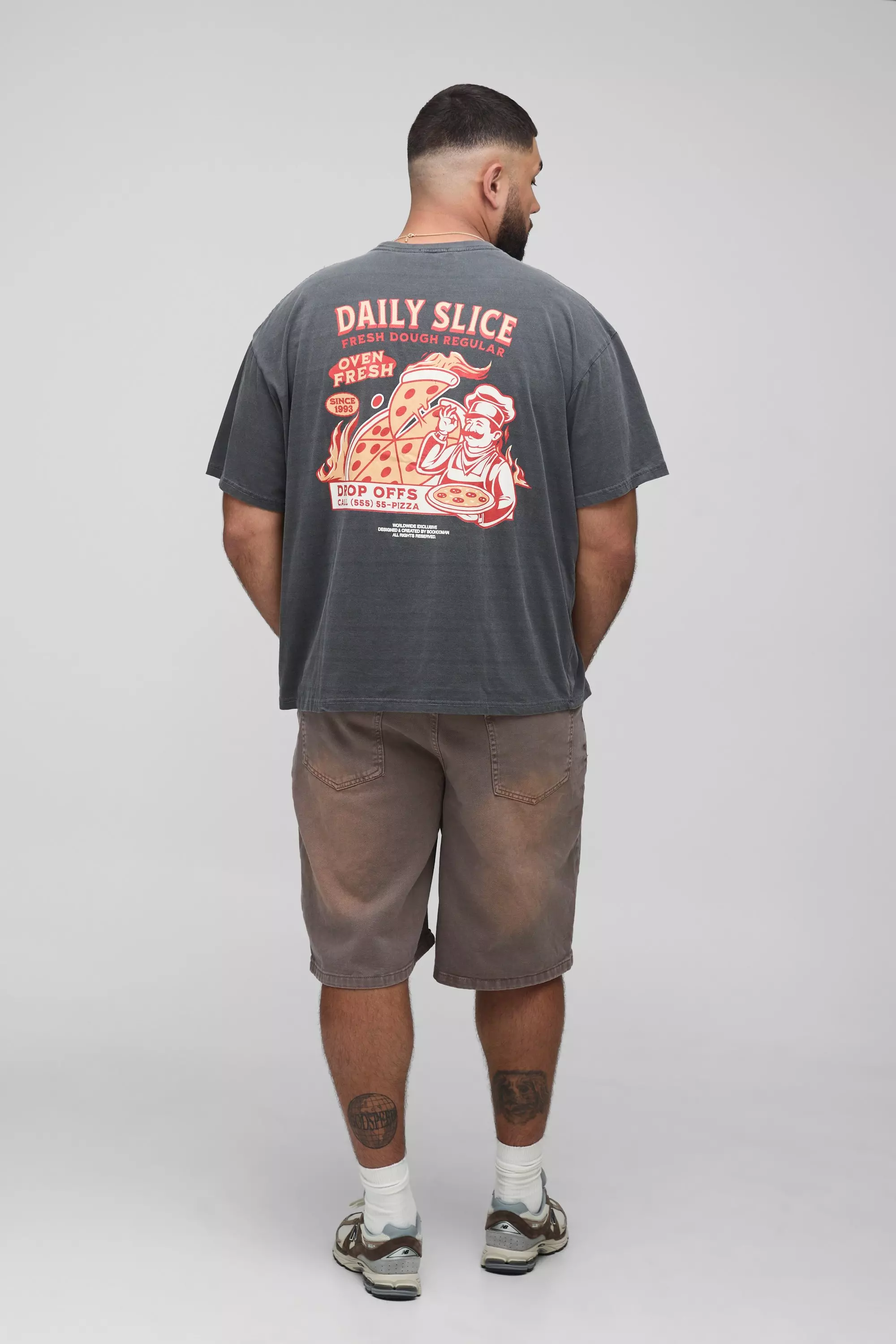 Plus Oversized Daily Pizza Slice Print Washed T-Shirt | boohooMAN USA