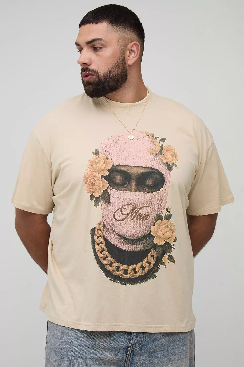 Plus Oversized Extended Neck Man Floral Ski Mask Print T-Shirt | boohooMAN USA
