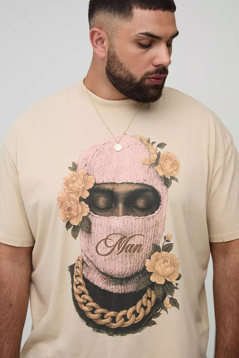 Plus Oversized Extended Neck Man Floral Ski Mask Print T-Shirt | boohooMAN USA