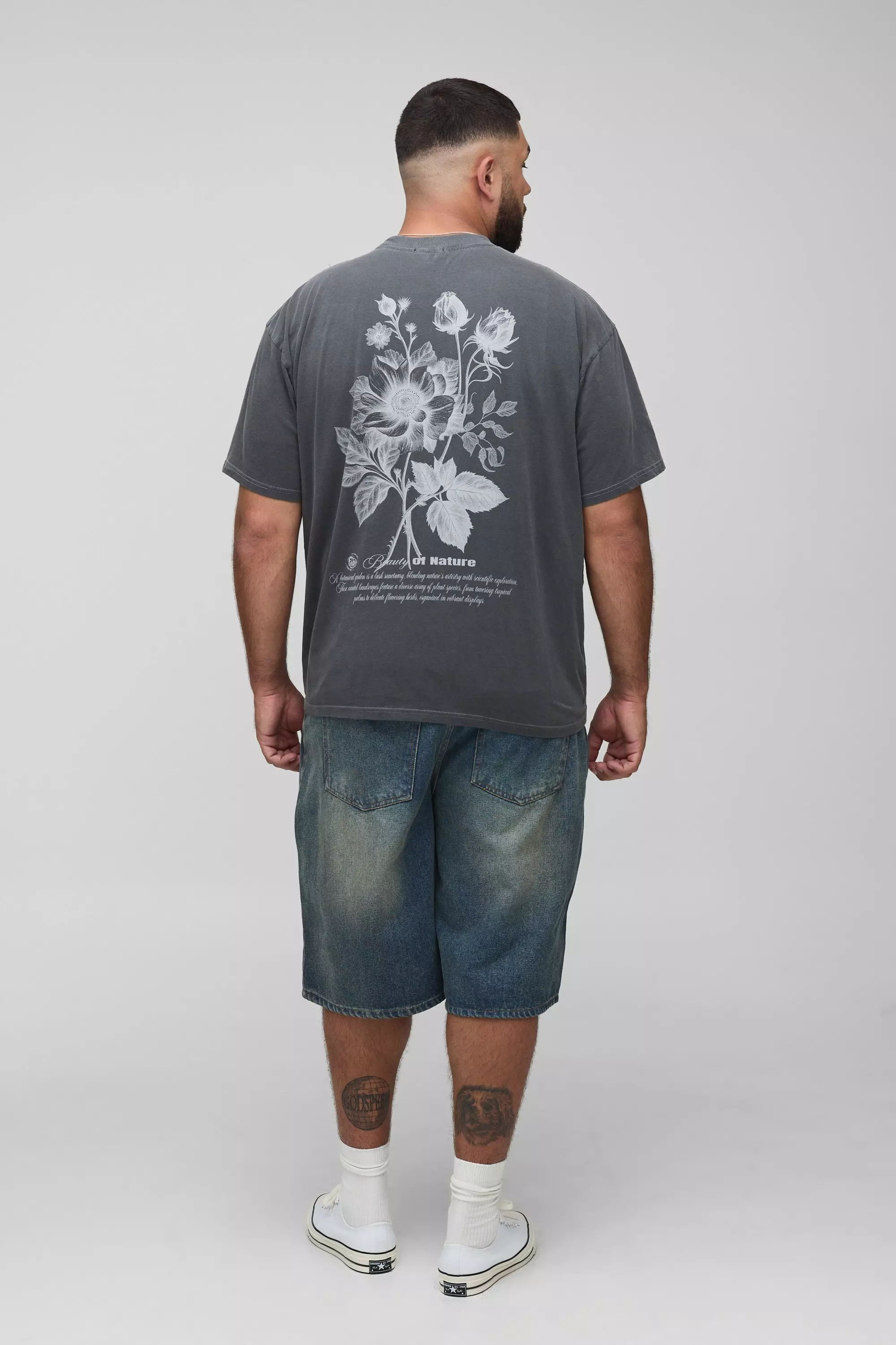 Plus Oversized Extended Neck Official Floral Print Washed T-Shirt | boohooMAN USA