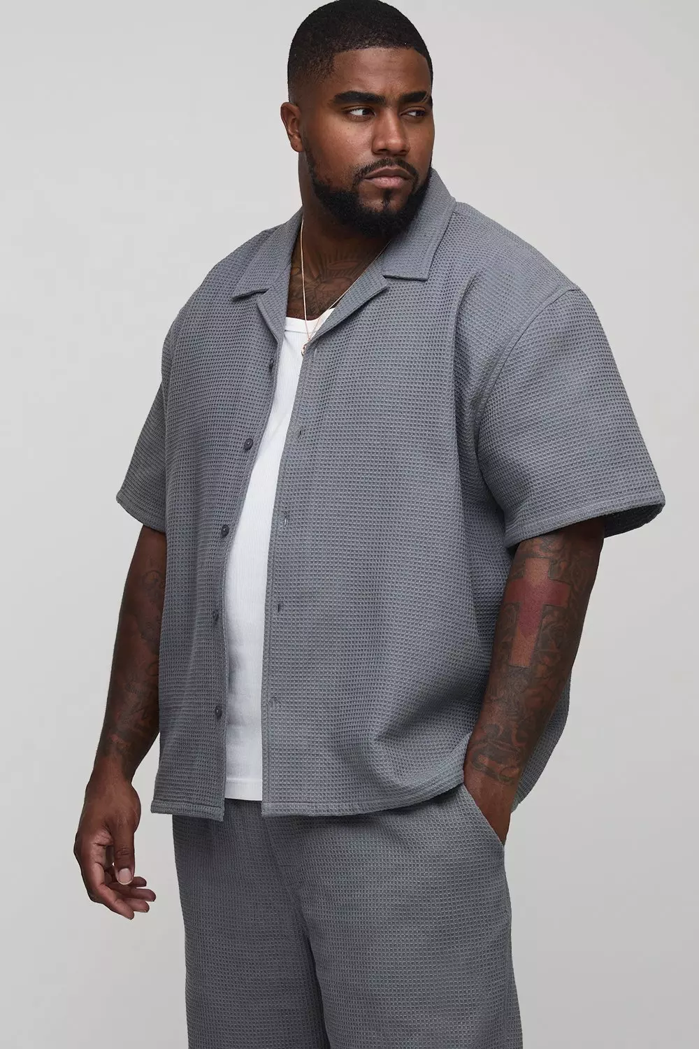 Plus Oversized Jumbo Waffle Revere Shirt and Relaxed Trouser Set | boohooMAN USA