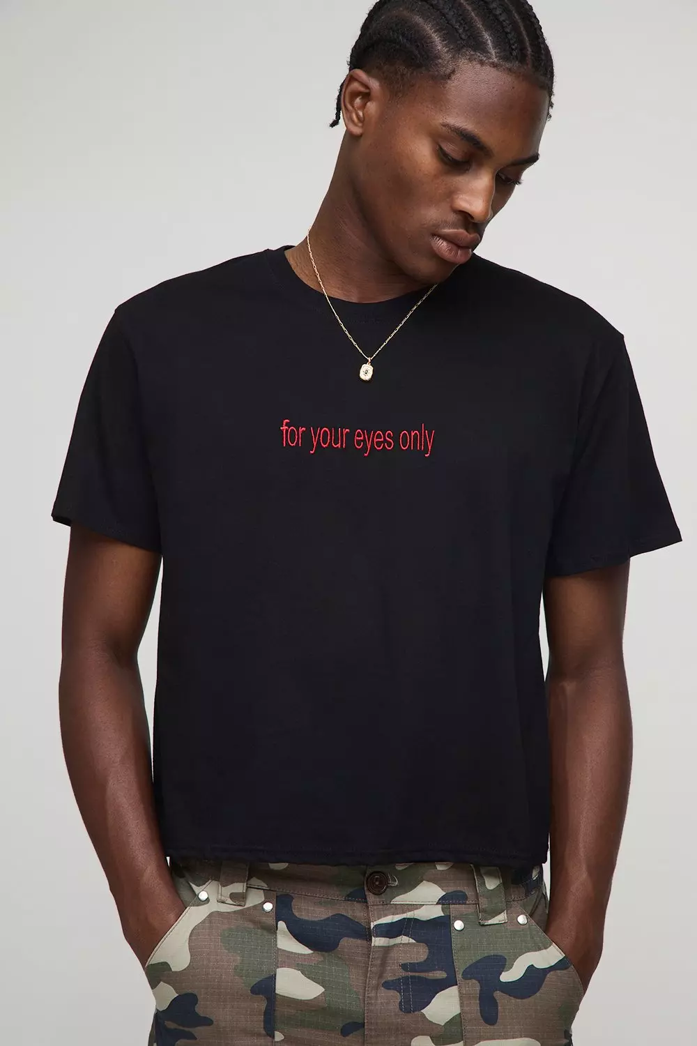 Black Shrunken Boxy For Your Eyes Only Embroidered T-Shirt | boohooMAN USA