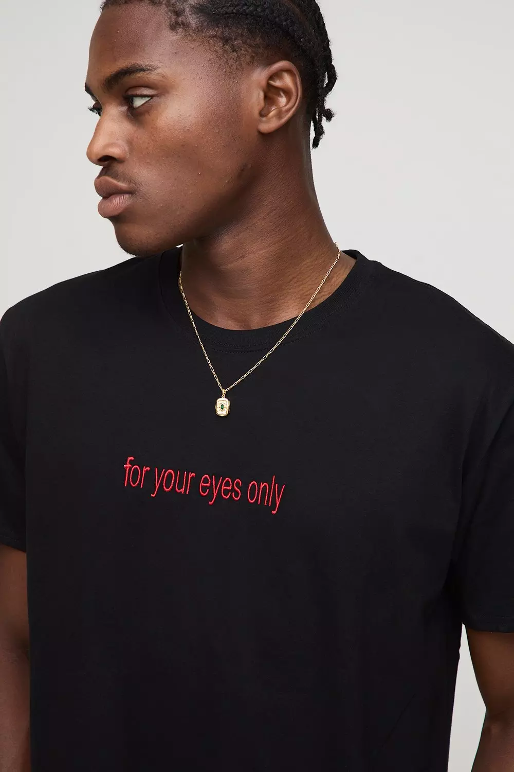 Black Shrunken Boxy For Your Eyes Only Embroidered T-Shirt | boohooMAN USA