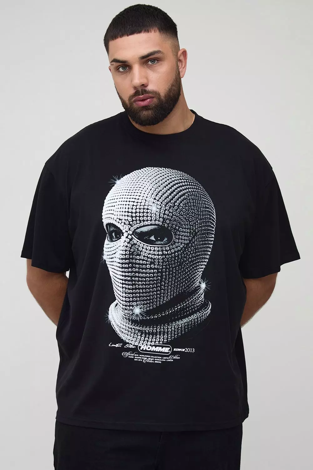 Plus Oversized Rhinestone Mask Print T-Shirt | boohooMAN USA