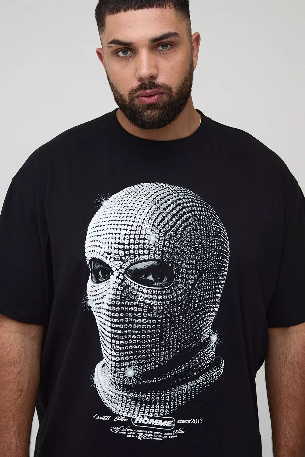 Plus Oversized Rhinestone Mask Print T-Shirt | boohooMAN USA