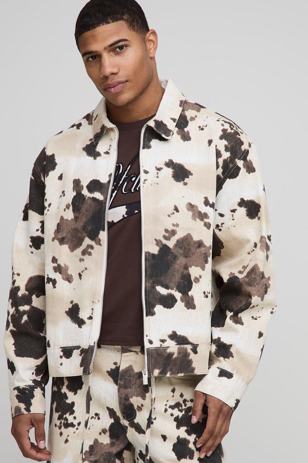 Brown Boxy Denim Cow Print Bomber Jacket