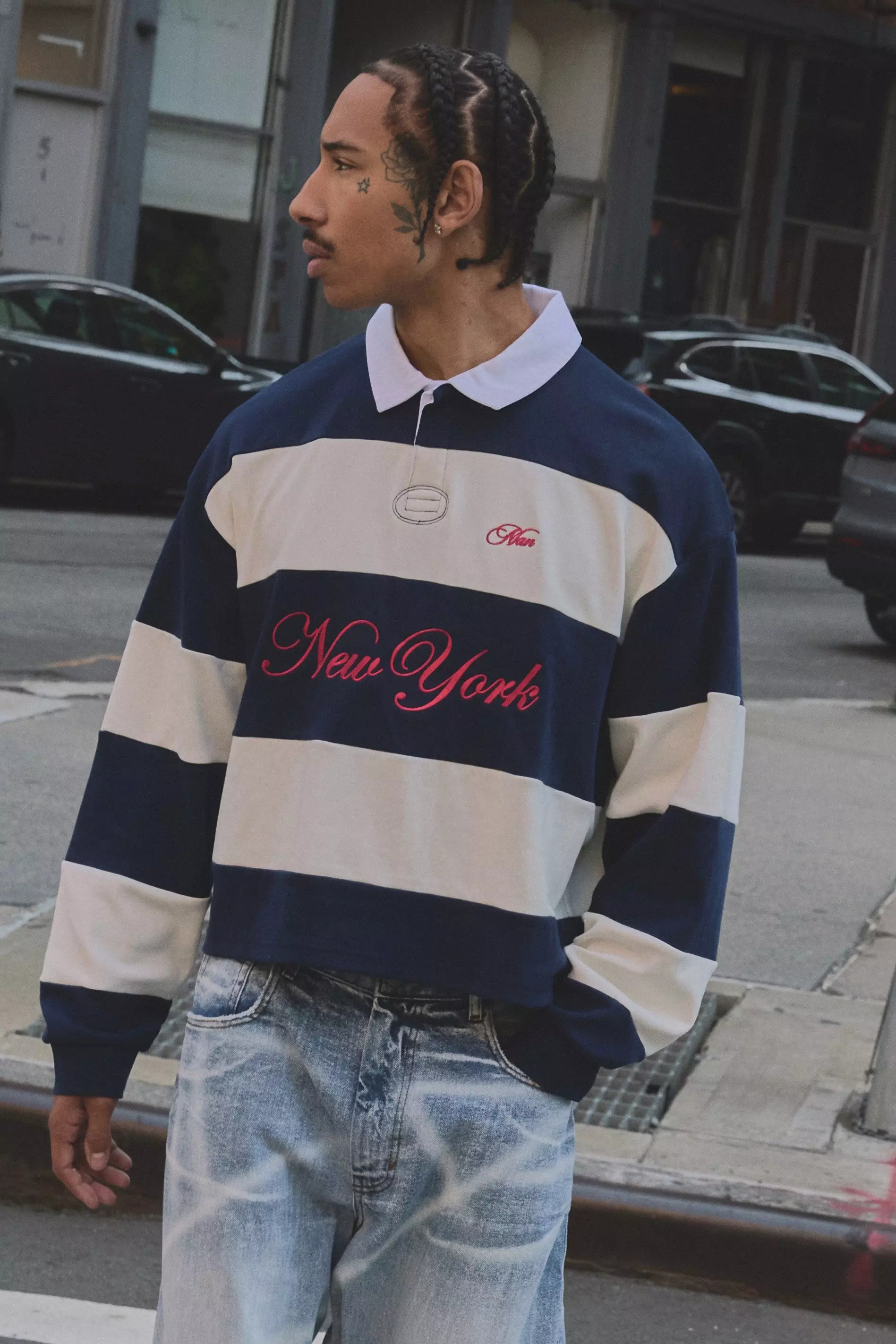 Oversized Shrunken Boxy New York Embroidered Stripe Rugby Polo