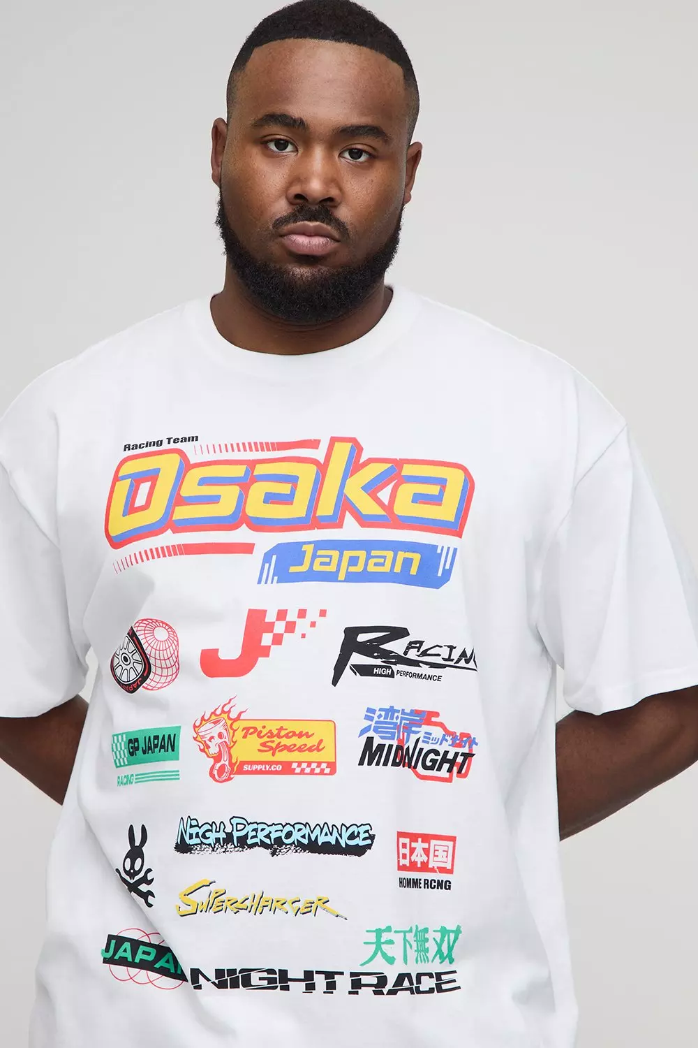 Plus Oversized Japan Moto Badge Print T-Shirt | boohooMAN USA