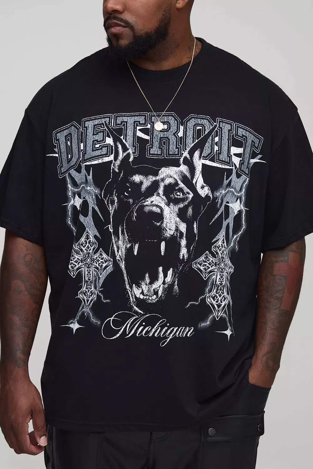Plus Oversized Detroit Doberman Print T-Shirt | boohooMAN USA