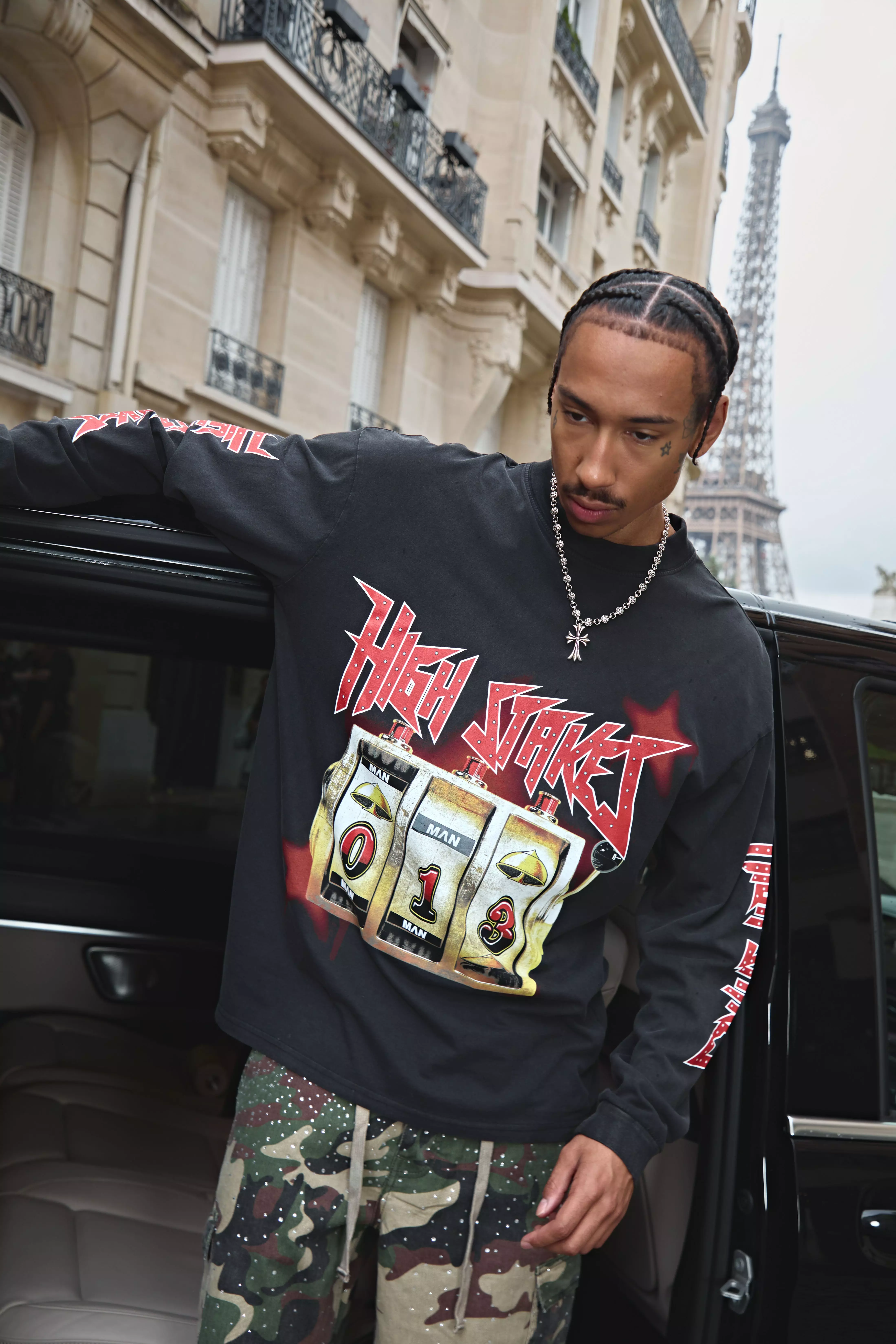 Black Oversized Extended Neck Washed Slot Machine Long Sleeve Printed T-Shirt | boohooMAN USA