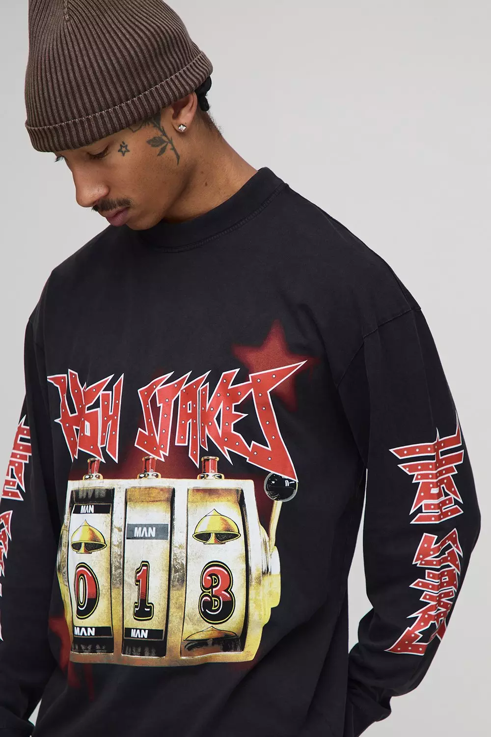 Black Oversized Extended Neck Washed Slot Machine Long Sleeve Printed T-Shirt | boohooMAN USA