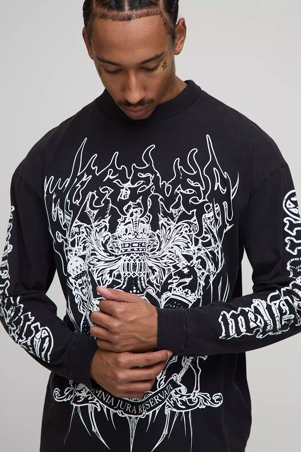 Black Oversized Extended Neck Washed Gothic BM Crest Long Sleeve T-Shirt | boohooMAN USA