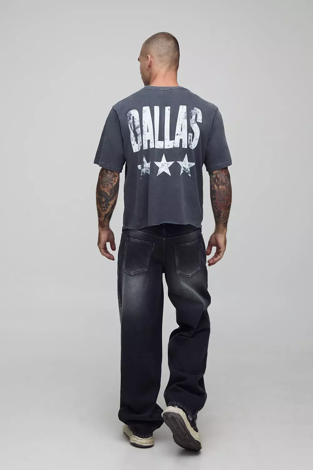 Charcoal Shrunken Boxy Dallas Star Raw Hem Washed T-Shirt | boohooMAN USA