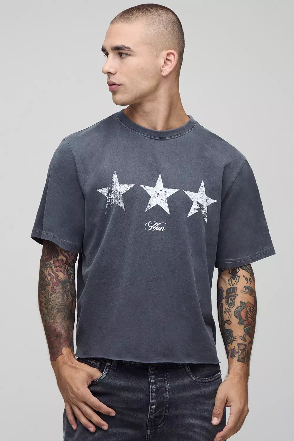 Charcoal Shrunken Boxy Dallas Star Raw Hem Washed T-Shirt | boohooMAN USA