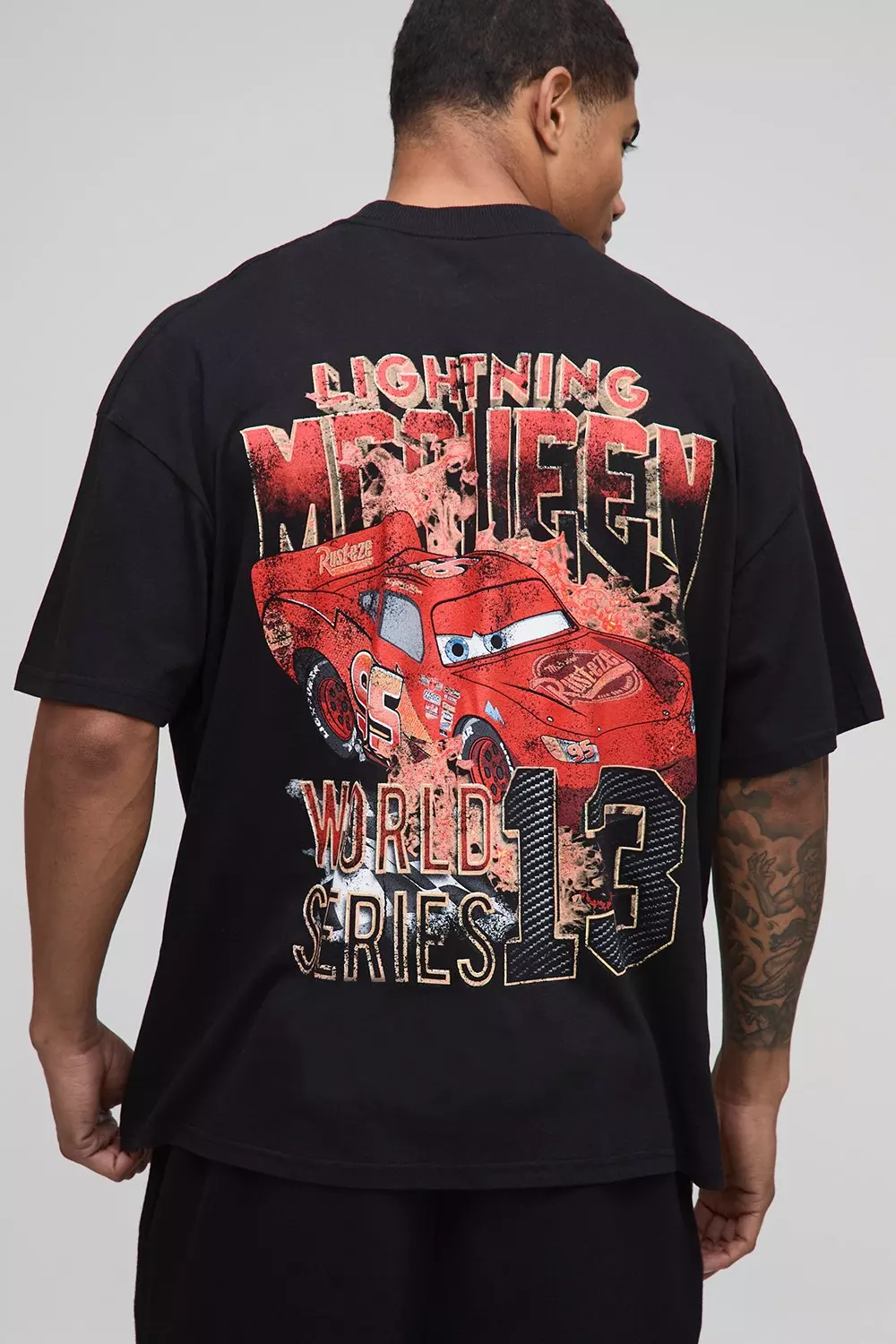 Black Oversized Extended Neck Disney Pixar Cars License Printed T-Shirt | boohooMAN USA